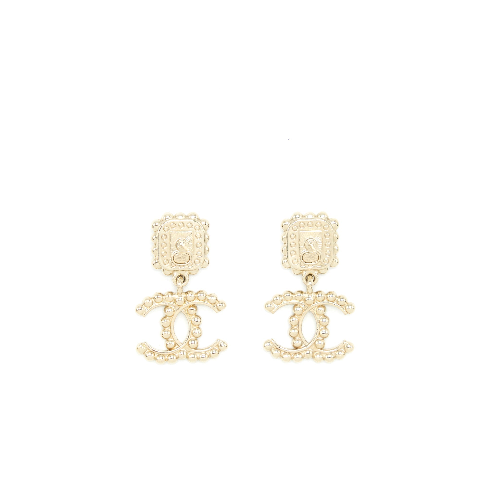 CHANEL CRYSTAL CC DROP EARRINGS WITH PINK STUD LGHW