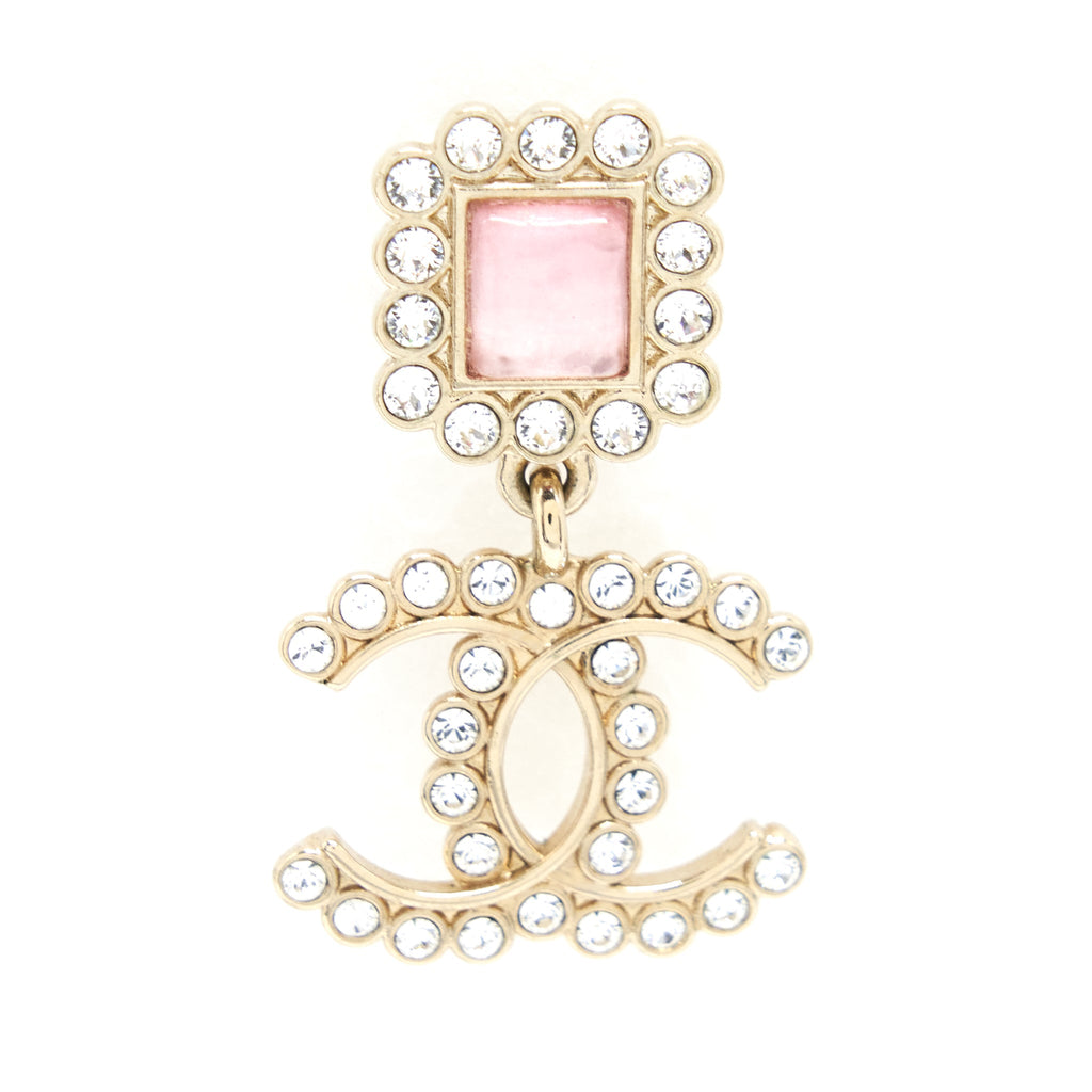 CHANEL CRYSTAL CC DROP EARRINGS WITH PINK STUD LGHW