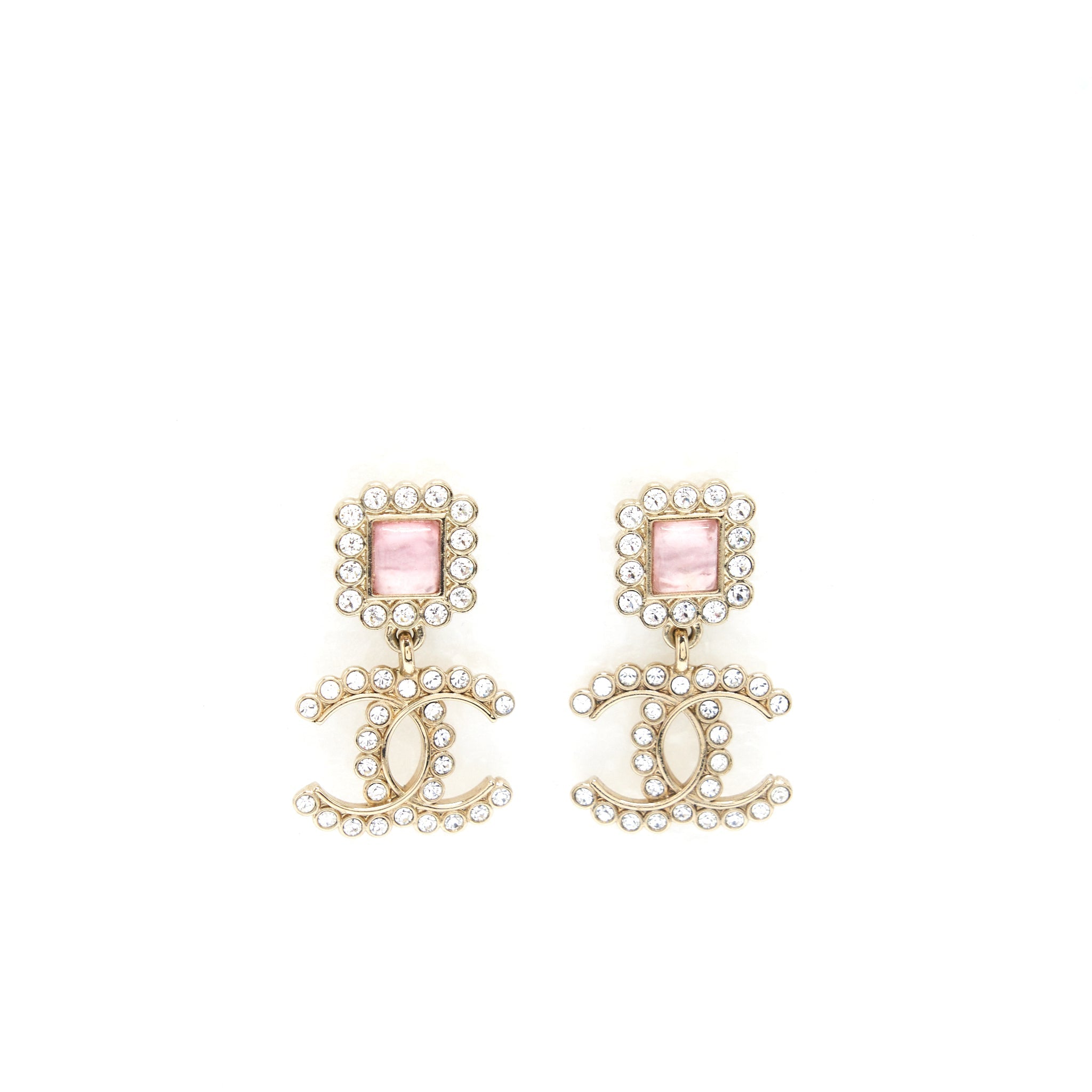 CHANEL CRYSTAL CC DROP EARRINGS WITH PINK STUD LGHW