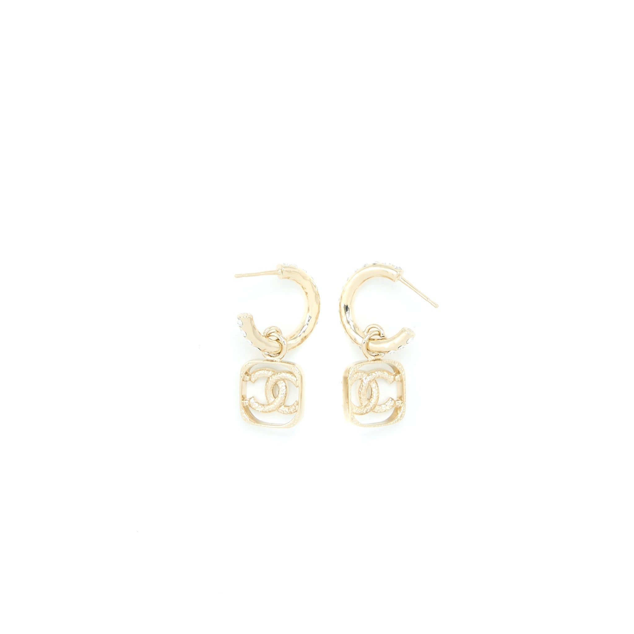 CHANEL 23P SQUARE CC LOGO DROP EARRINGS CRYSTAL LIGHT GOLD TONE