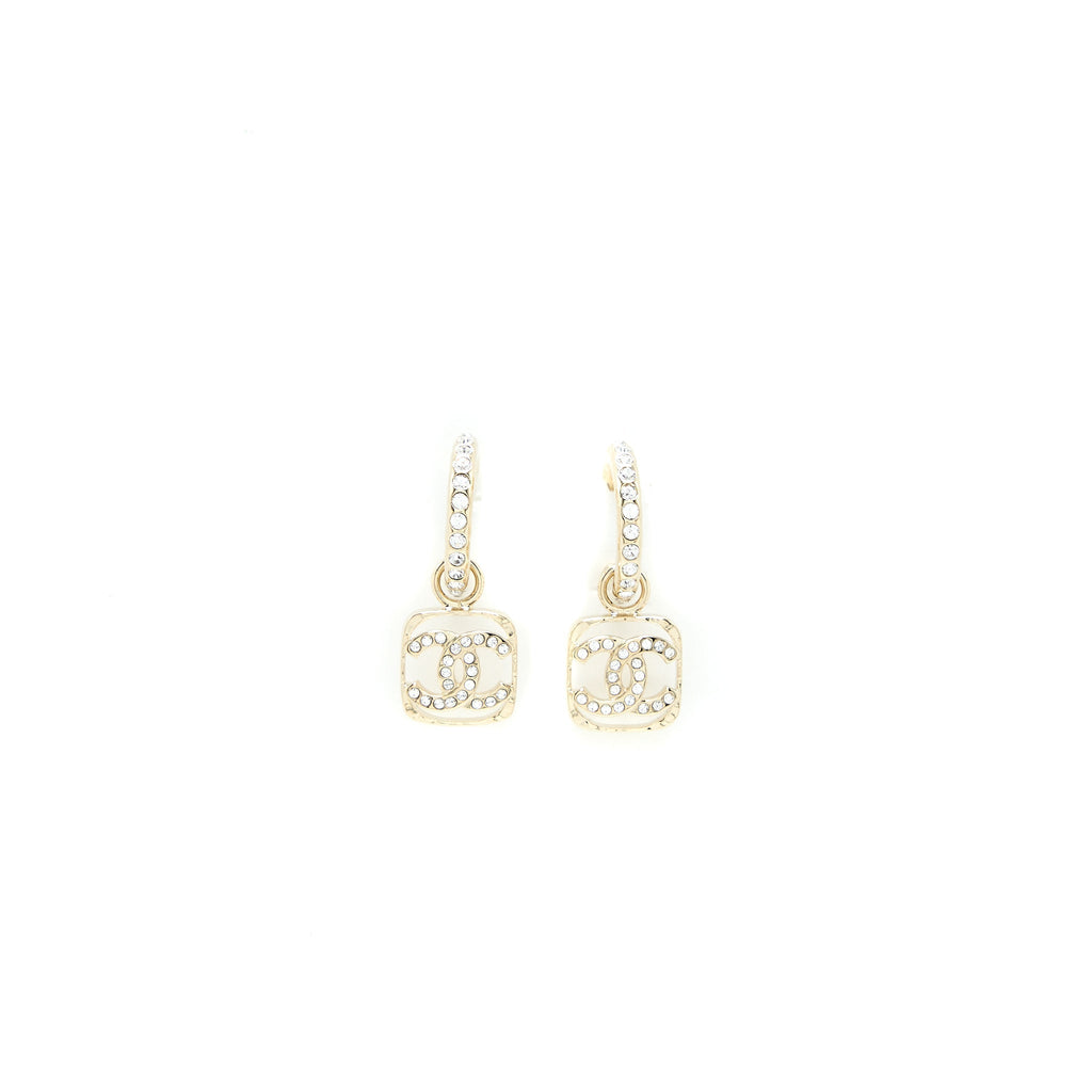 CHANEL 23P SQUARE CC LOGO DROP EARRINGS CRYSTAL LIGHT GOLD TONE