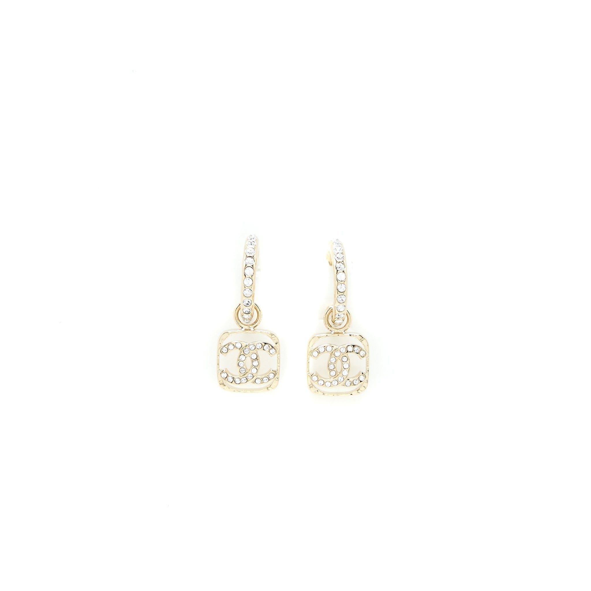 CHANEL 23P SQUARE CC LOGO DROP EARRINGS CRYSTAL LIGHT GOLD TONE