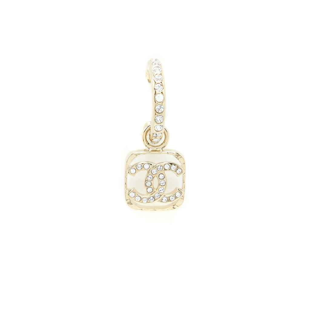 CHANEL 23P SQUARE CC LOGO DROP EARRINGS CRYSTAL LIGHT GOLD TONE