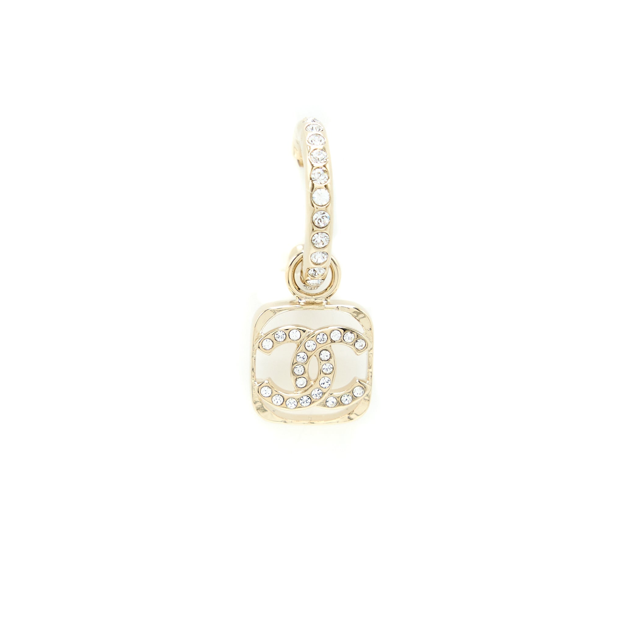 CHANEL 23P SQUARE CC LOGO DROP EARRINGS CRYSTAL LIGHT GOLD TONE