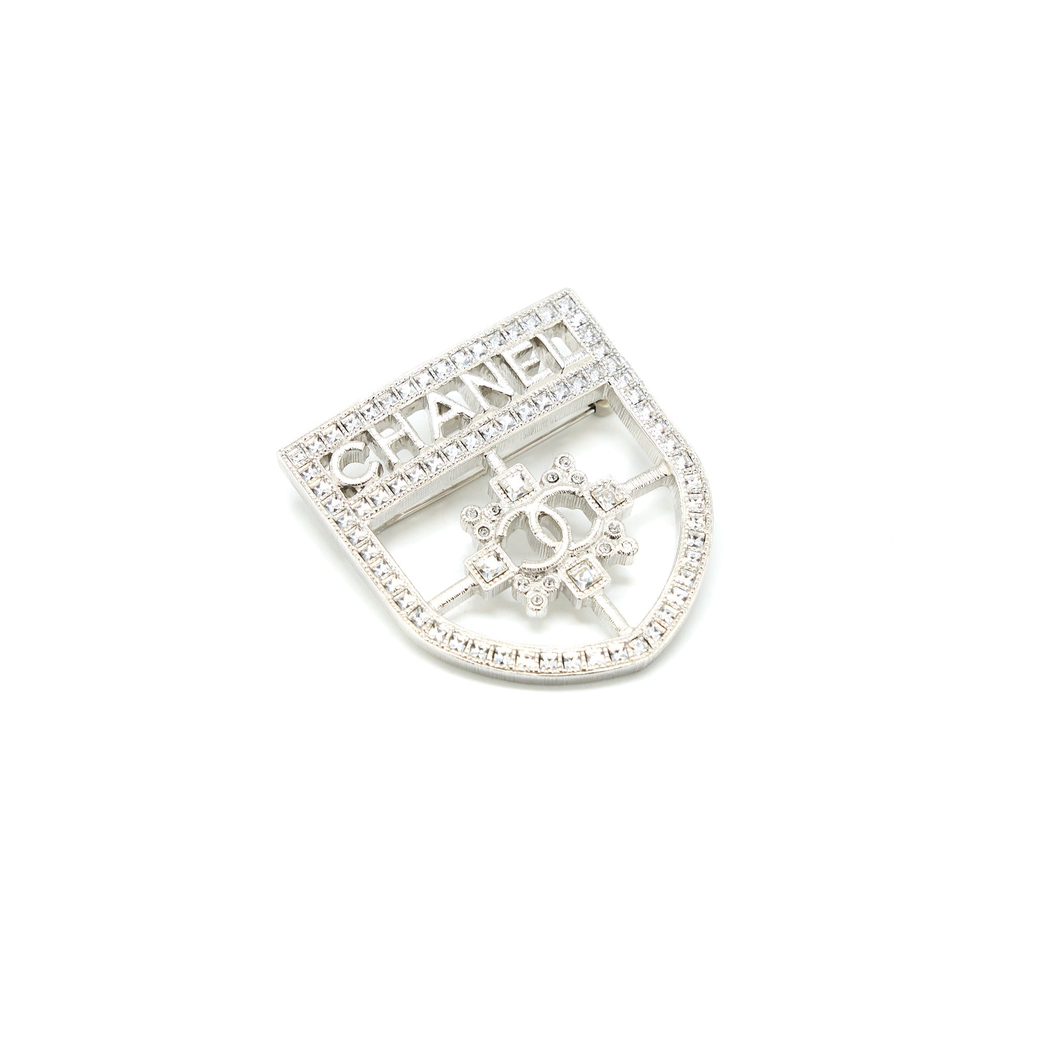 CHANEL SHIELD BROOCH CRYSTAL SILVER TONE