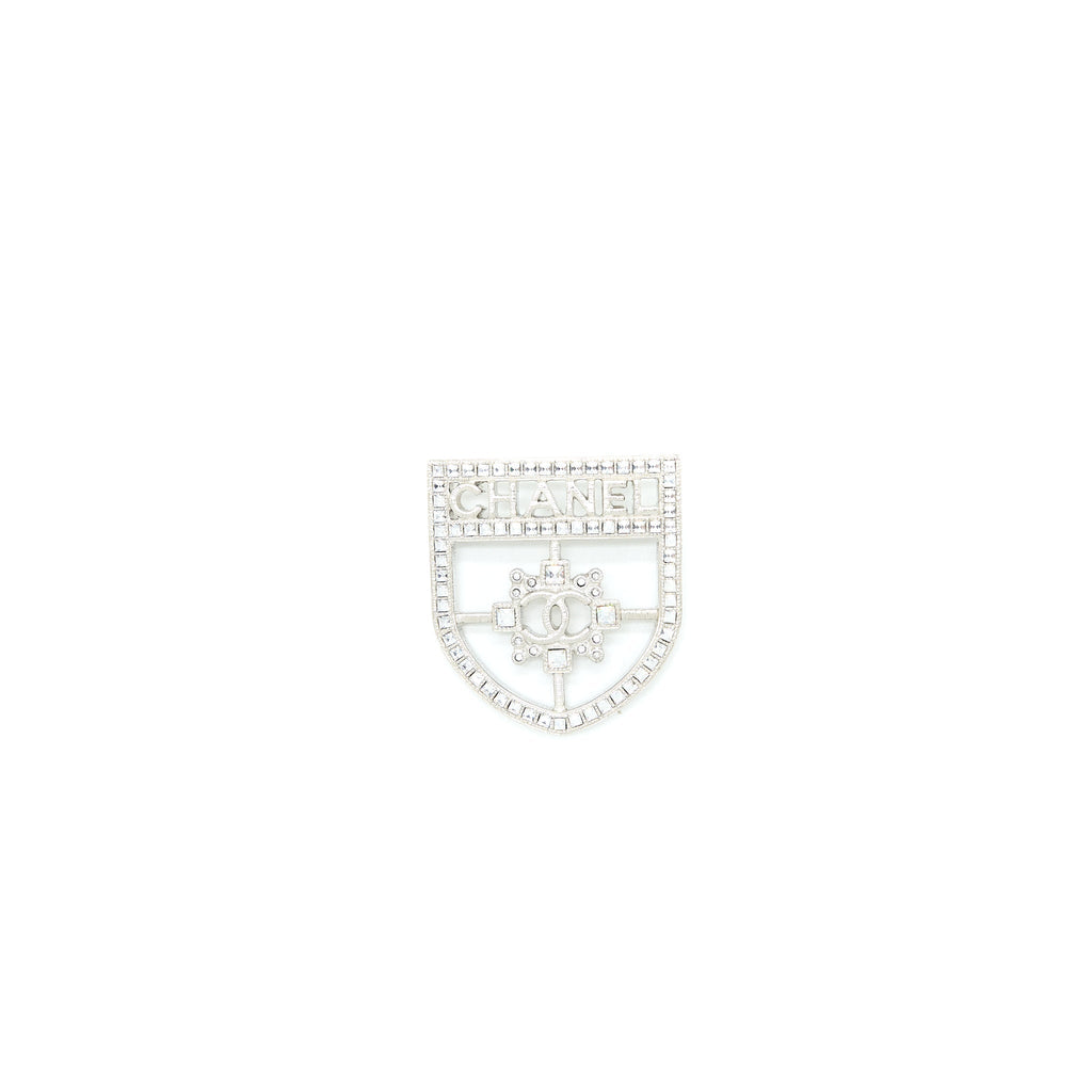 CHANEL SHIELD BROOCH CRYSTAL SILVER TONE