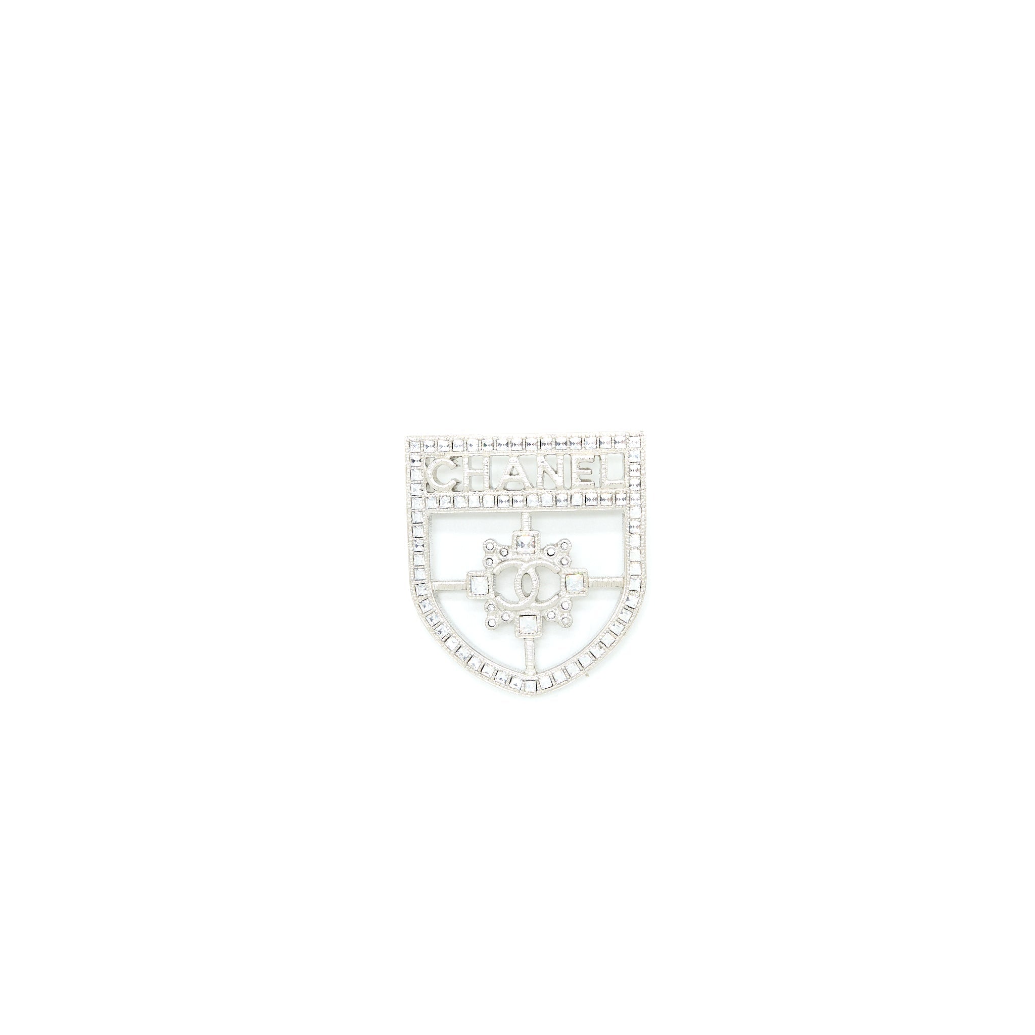 CHANEL SHIELD BROOCH CRYSTAL SILVER TONE