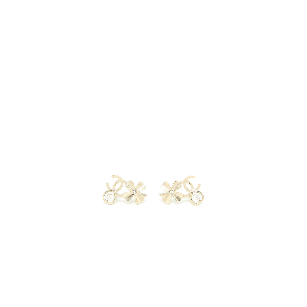 CHANEL CAMELLIA/HEART EARRINGS CRYSTAL LIGHT GOLD TONE