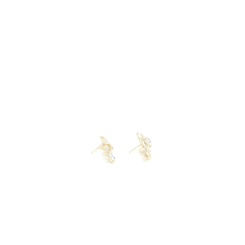 CHANEL CAMELLIA/HEART EARRINGS CRYSTAL LIGHT GOLD TONE