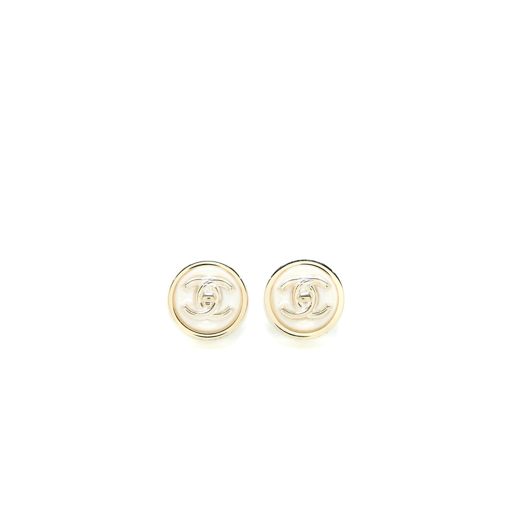 CHANEL ROUND WITH CC LOGO EARRINGS WHITE/LIGHT GOLD TONE