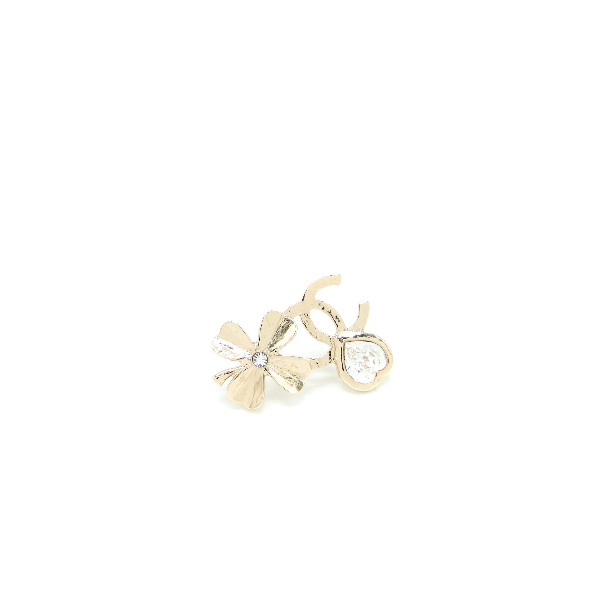 CHANEL CAMELLIA/HEART EARRINGS CRYSTAL LIGHT GOLD TONE
