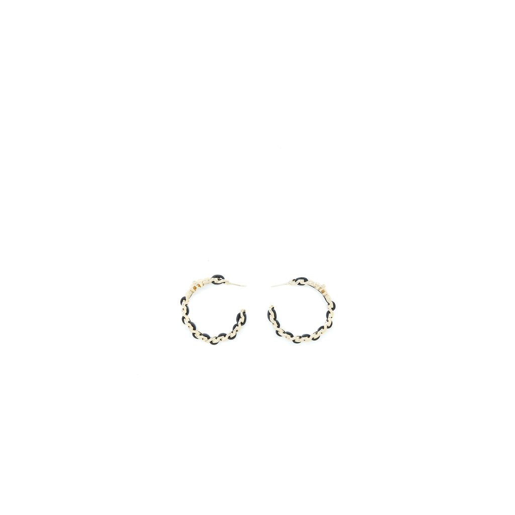 CHANEL CC LOGO/LEATHER CHAIN SMALL HOOP EARRINGS LIGHT GOLD TONE