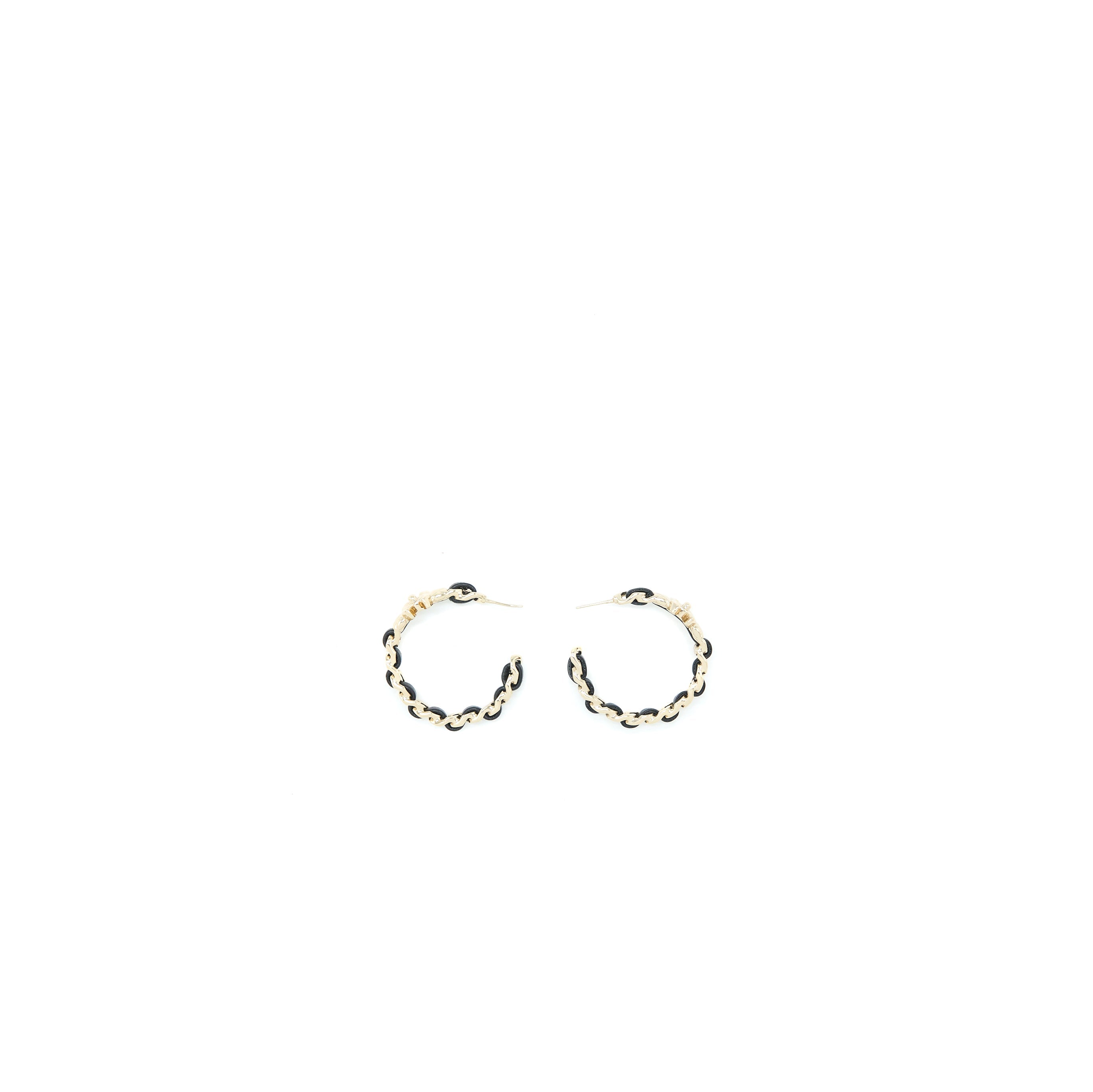 CHANEL CC LOGO/LEATHER CHAIN SMALL HOOP EARRINGS LIGHT GOLD TONE