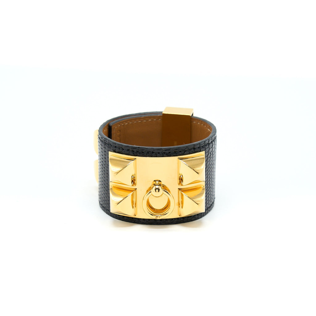 HERMES CDC BRACELET LIZARD BLACK GHW STAMP SQUARE N