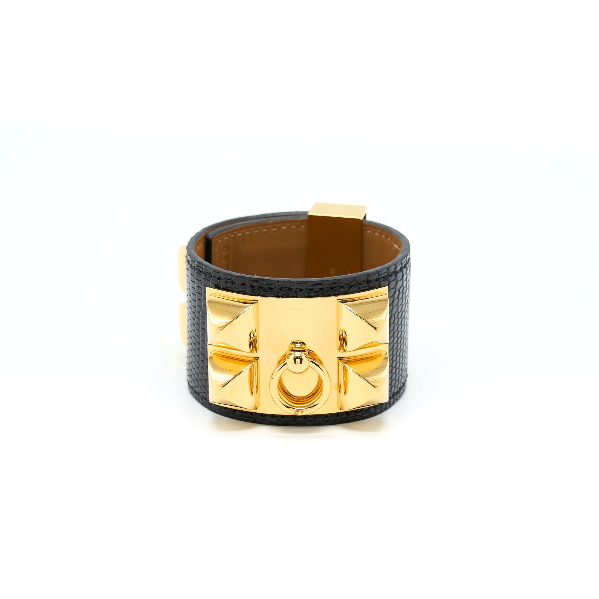 HERMES CDC BRACELET LIZARD BLACK GHW STAMP SQUARE N