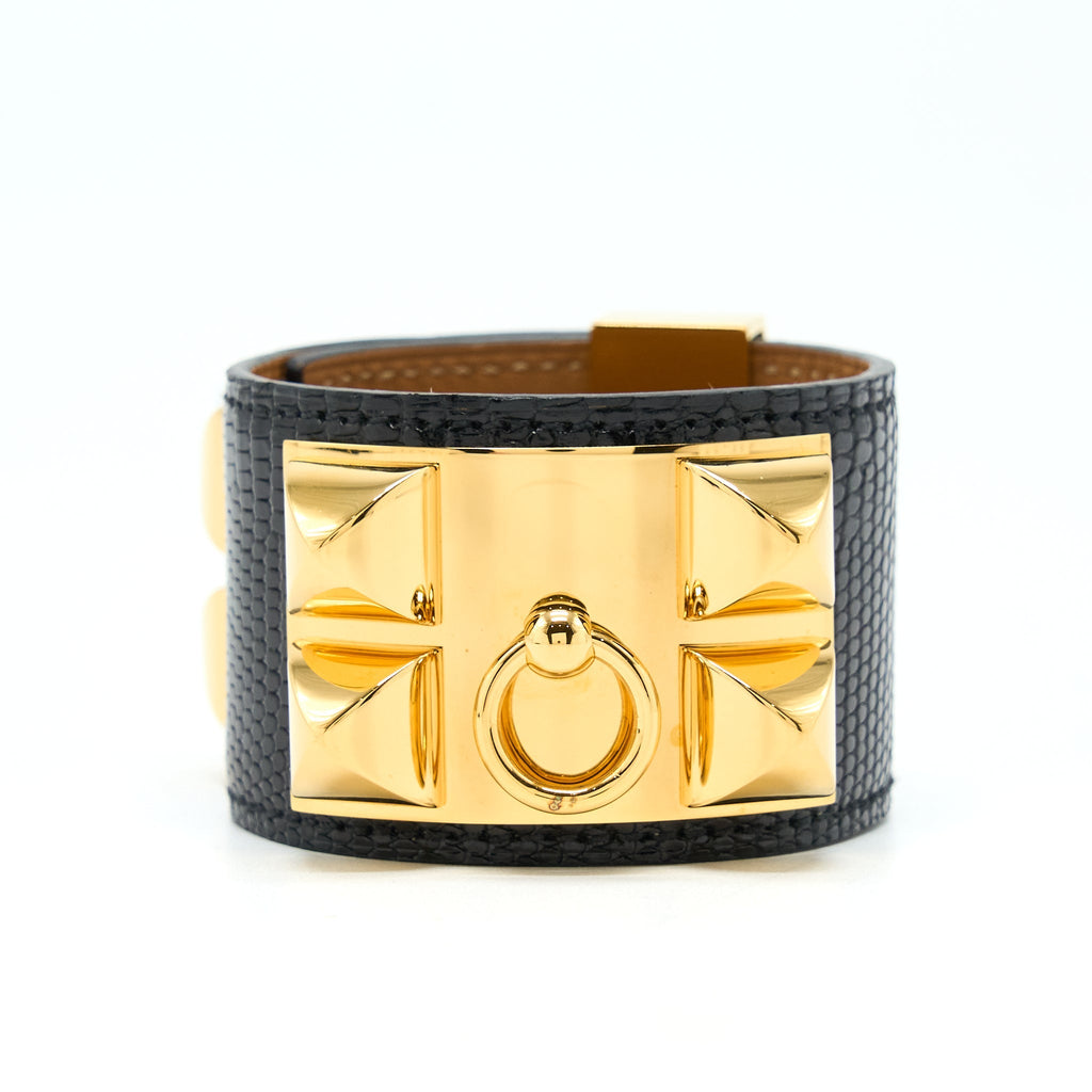 HERMES CDC BRACELET LIZARD BLACK GHW STAMP SQUARE N