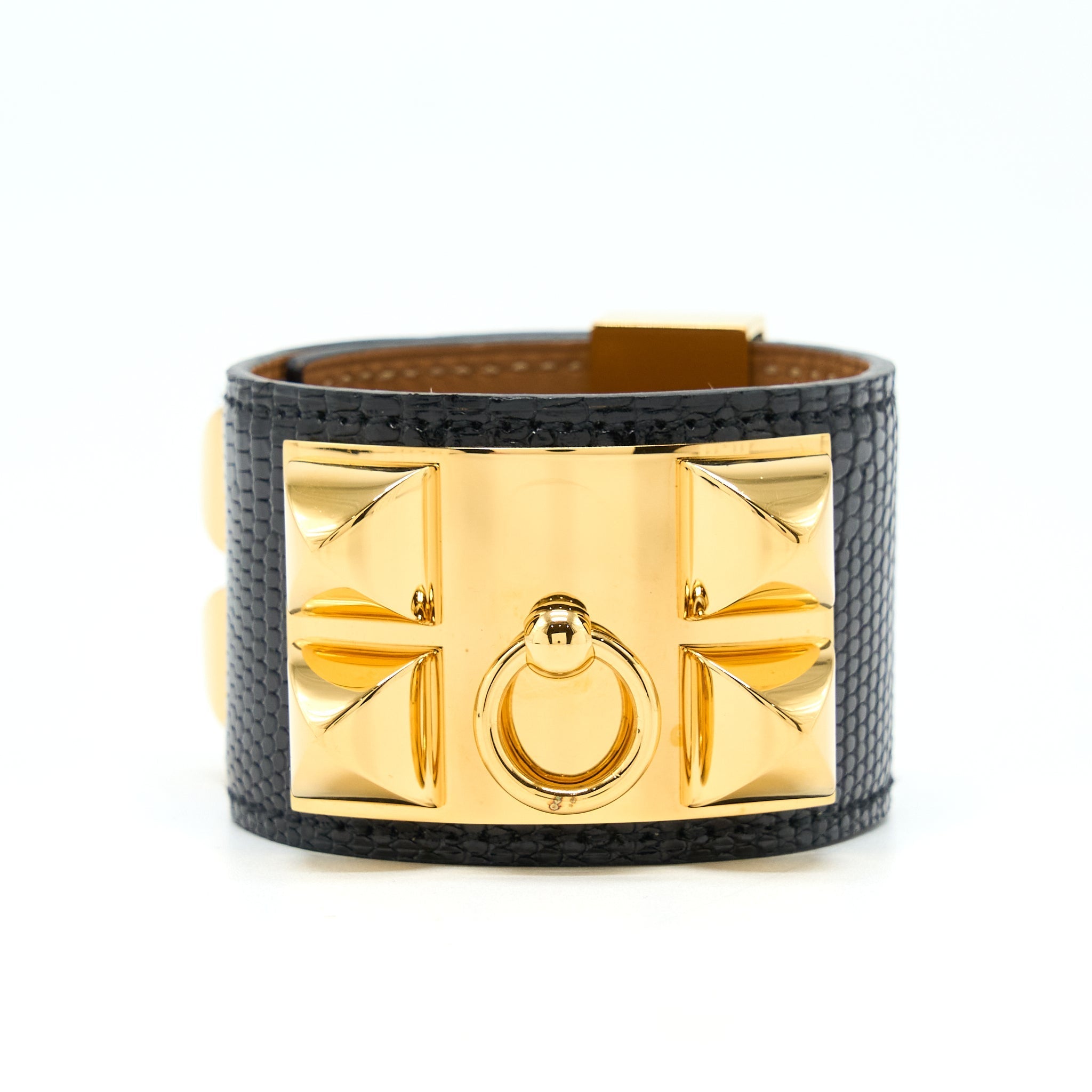 HERMES CDC BRACELET LIZARD BLACK GHW STAMP SQUARE N