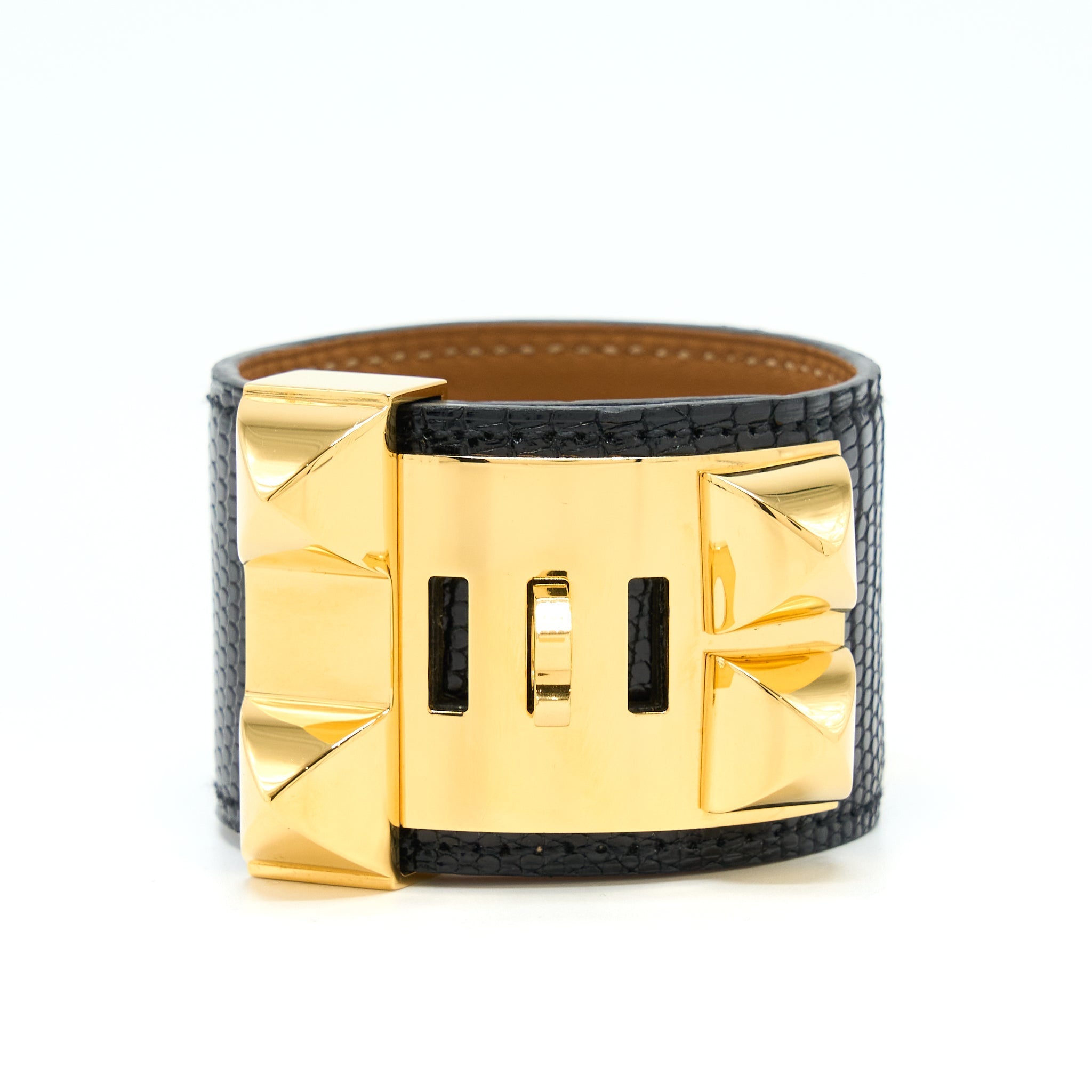 HERMES CDC BRACELET LIZARD BLACK GHW STAMP SQUARE N