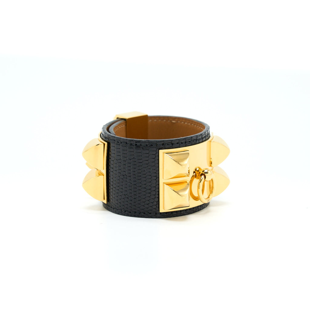 HERMES CDC BRACELET LIZARD BLACK GHW STAMP SQUARE N