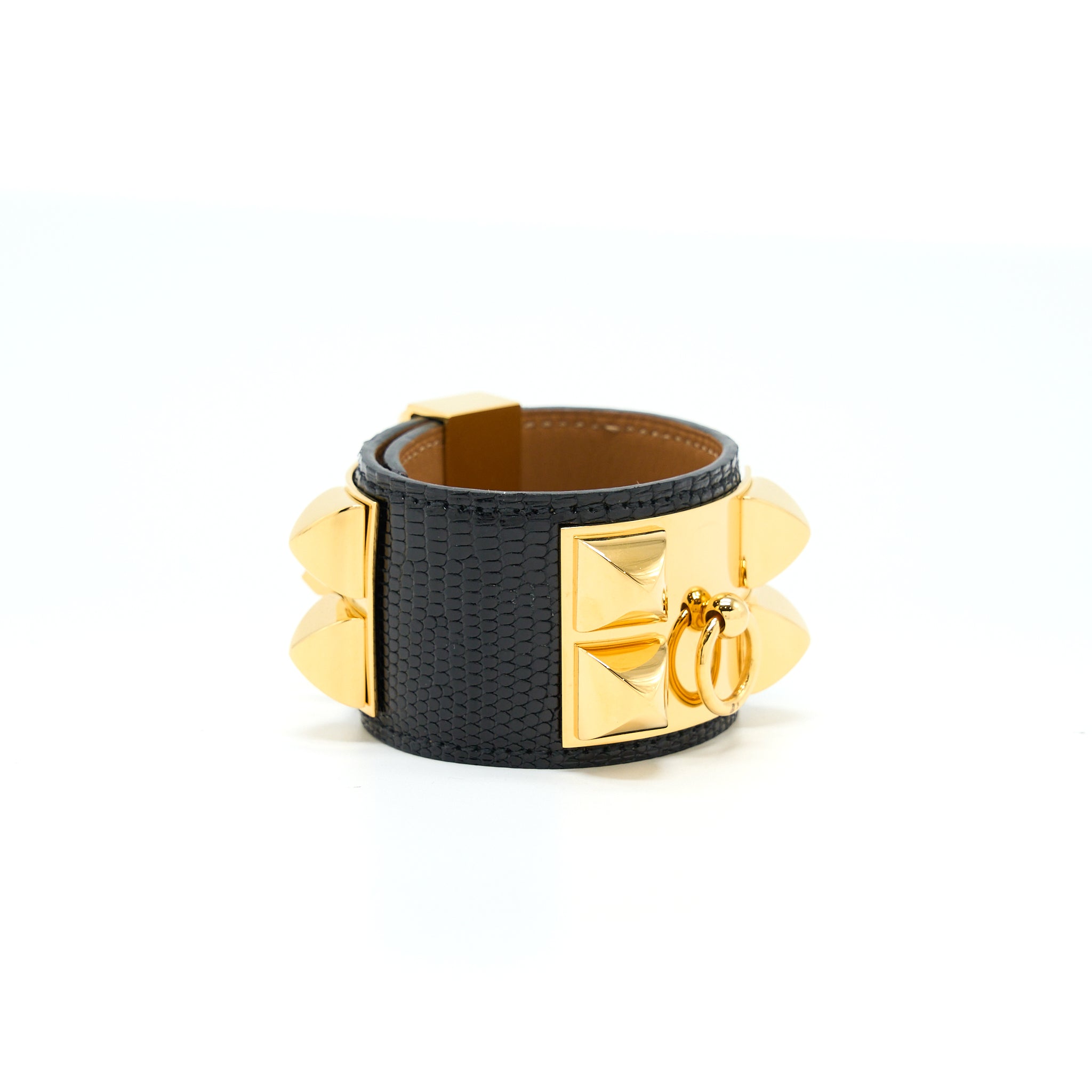 HERMES CDC BRACELET LIZARD BLACK GHW STAMP SQUARE N