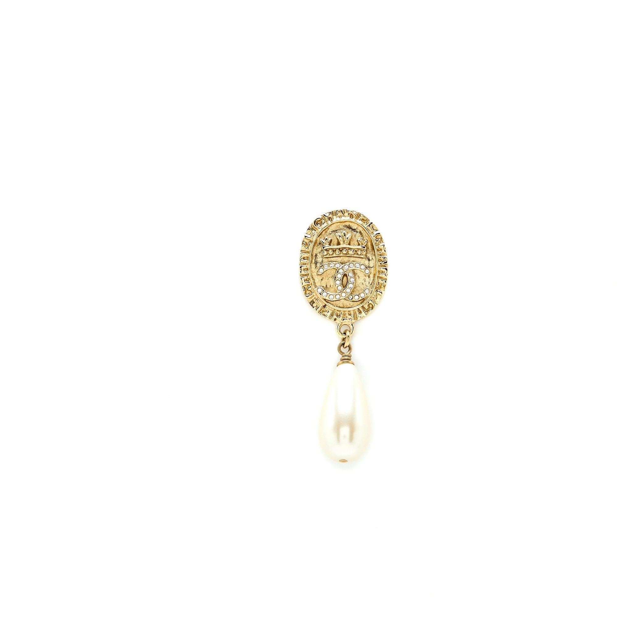 CHANEL CC LOGO DROP EARRINGS PEARL/CRYSTAL GOLD TONE