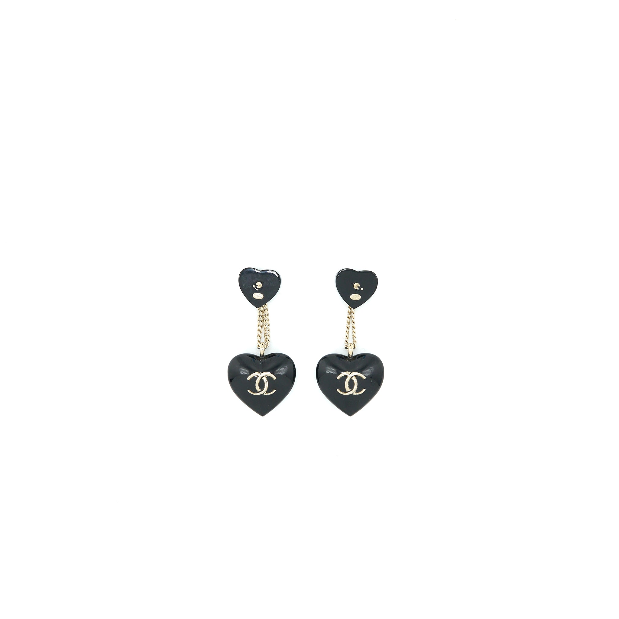 CHANEL DOUBLE HEART DROP EARRINGS CRYSTAL BLACK SILVER TONE