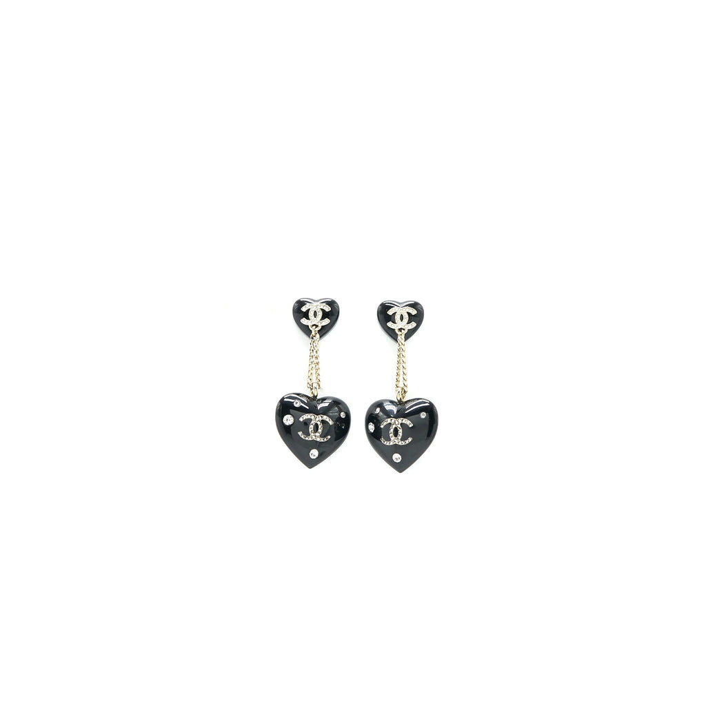 CHANEL DOUBLE HEART DROP EARRINGS CRYSTAL BLACK SILVER TONE