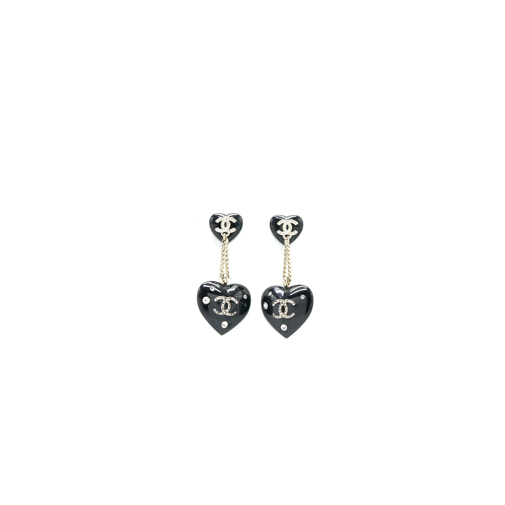 CHANEL DOUBLE HEART DROP EARRINGS CRYSTAL BLACK SILVER TONE