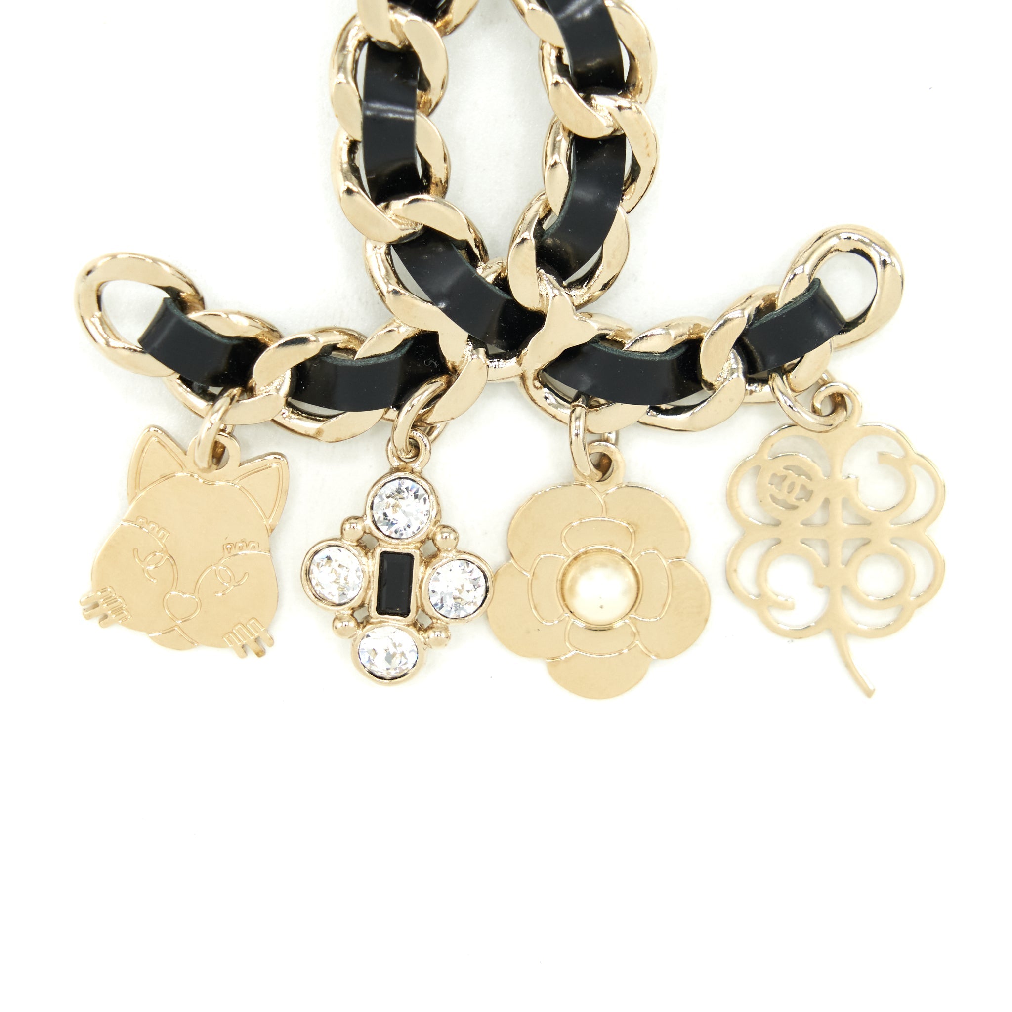 CHANEL LEATHER CHAIN WITH DROP CHARMS BROOCH LGHW