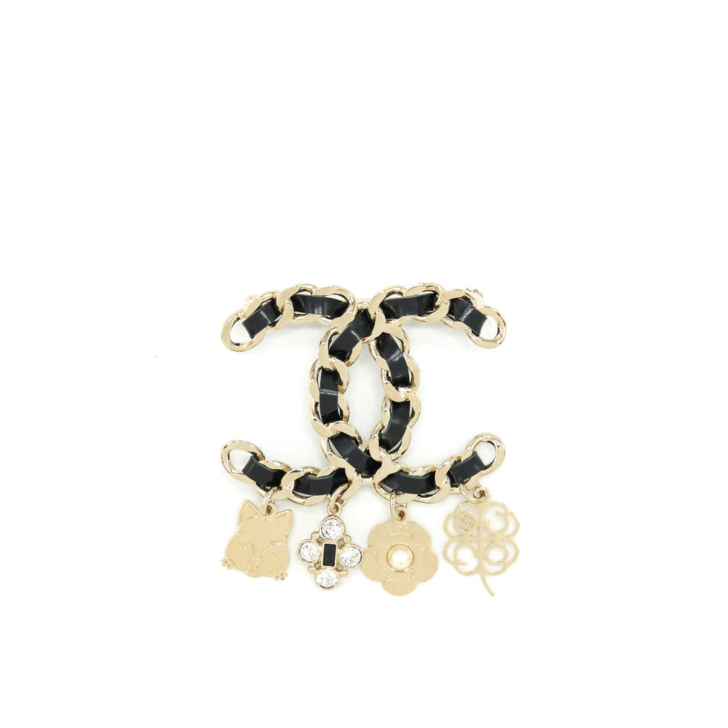 CHANEL LEATHER CHAIN WITH DROP CHARMS BROOCH LGHW