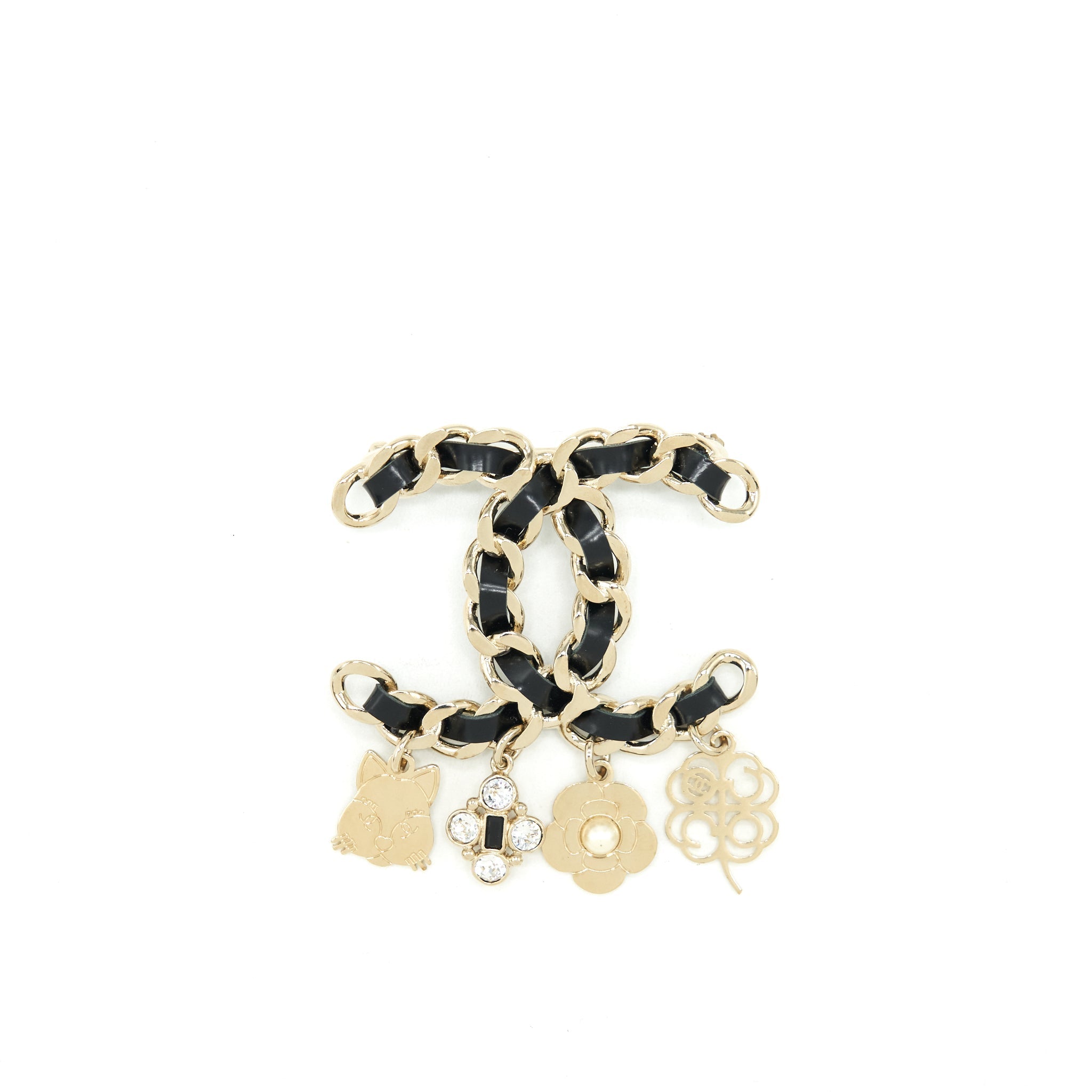 CHANEL LEATHER CHAIN WITH DROP CHARMS BROOCH LGHW