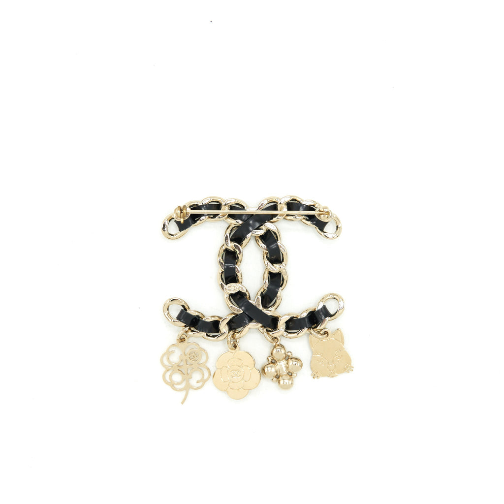 CHANEL LEATHER CHAIN WITH DROP CHARMS BROOCH LGHW