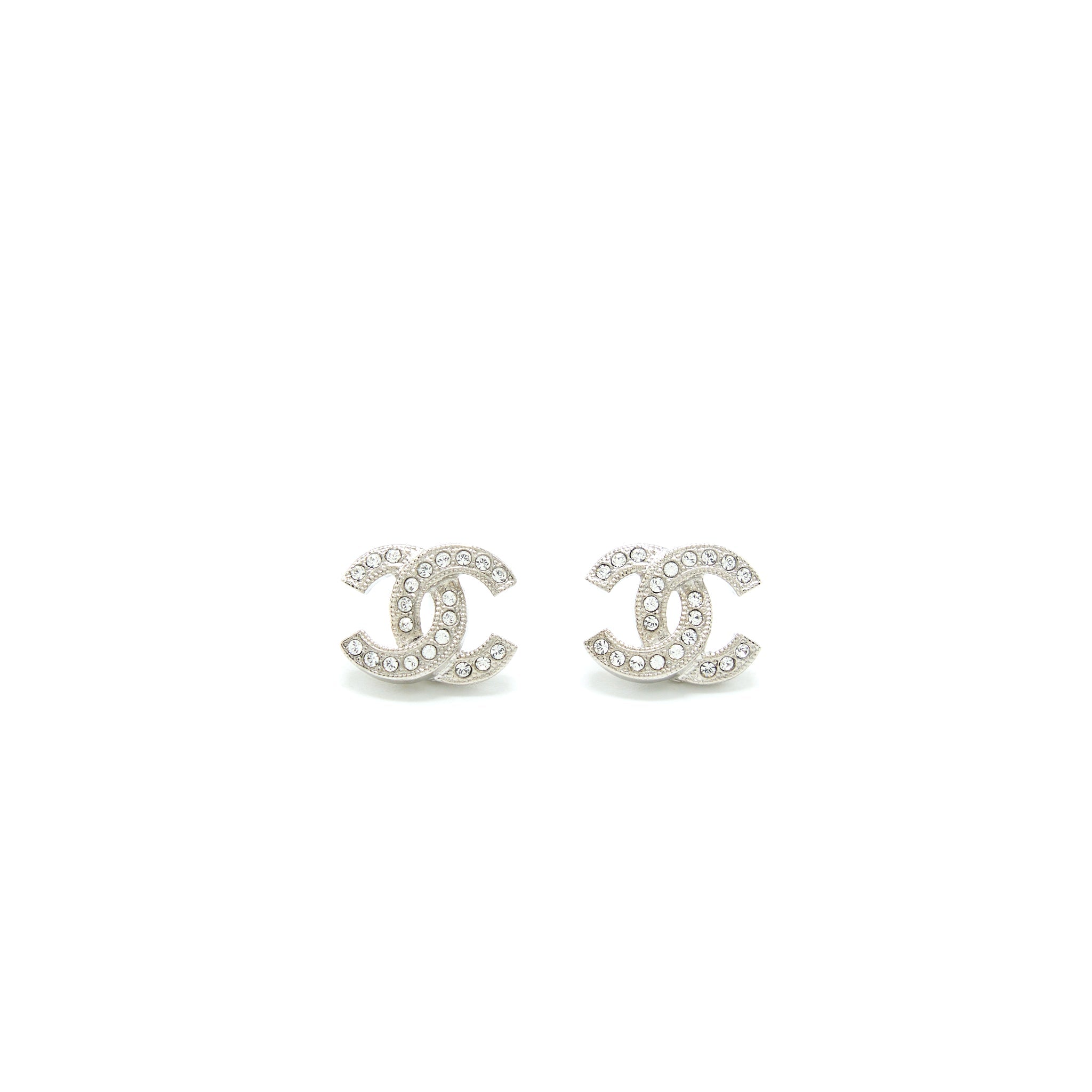 CHANEL MINI CLASSIC CC LOGO EARRINGS SILVER TONE
