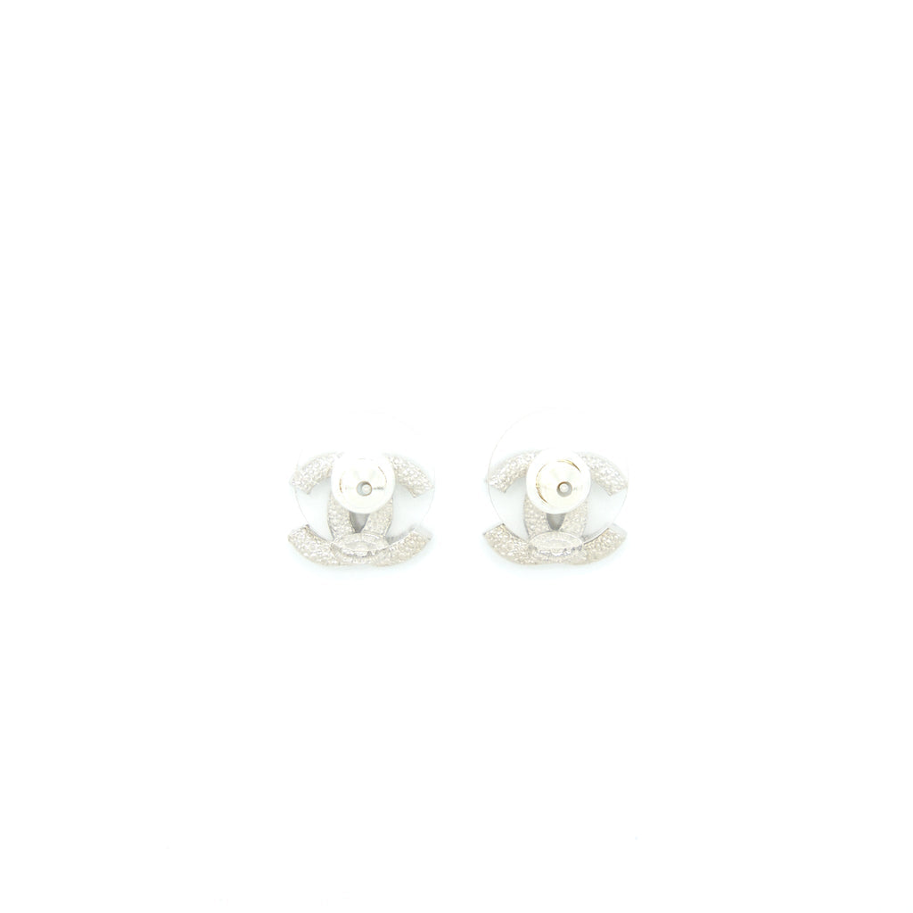 CHANEL MINI CLASSIC CC LOGO EARRINGS SILVER TONE