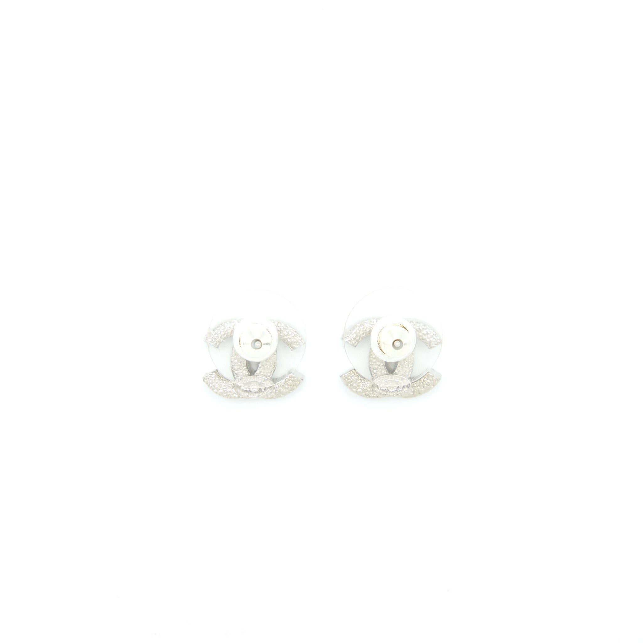 CHANEL MINI CLASSIC CC LOGO EARRINGS SILVER TONE