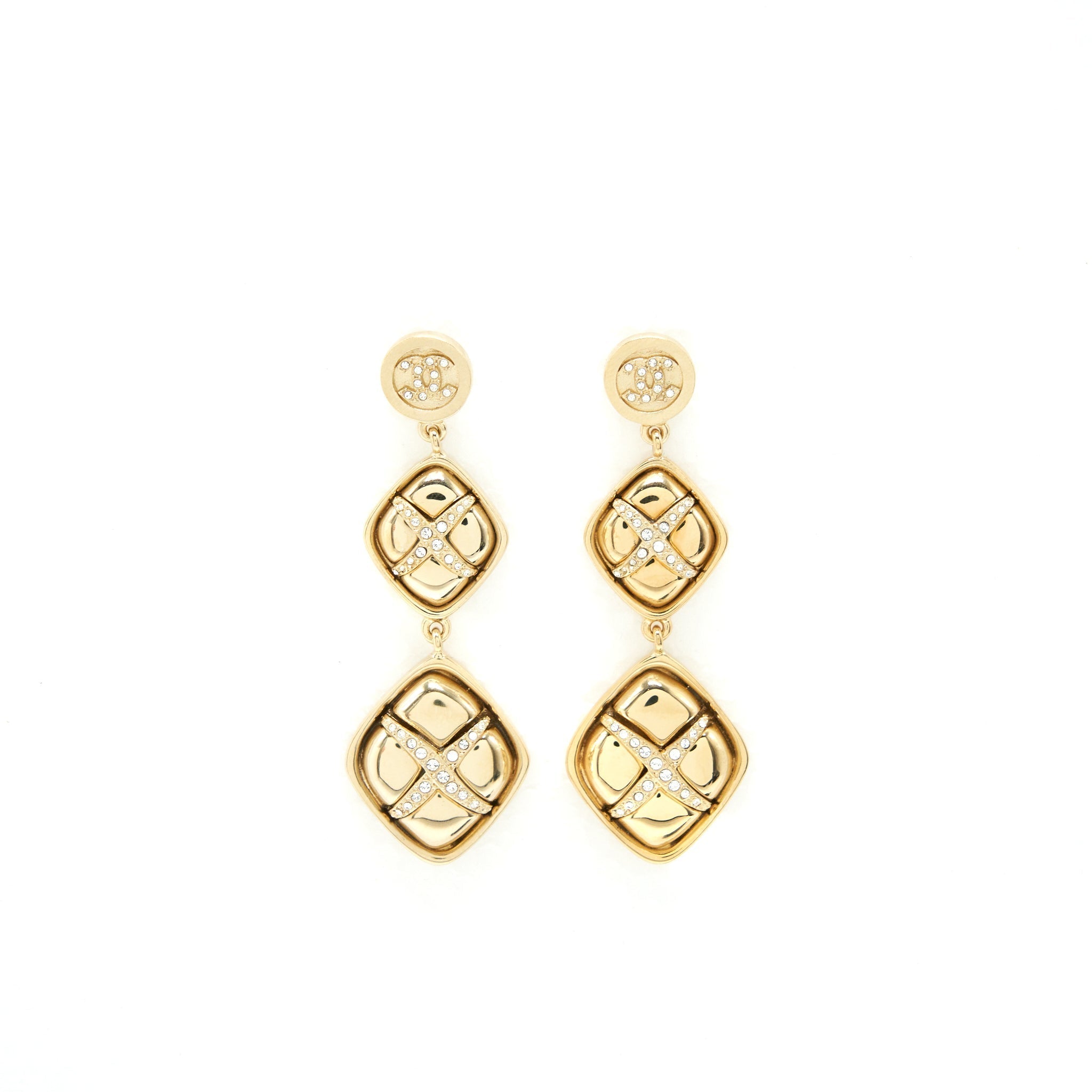 CHANEL 22C QUILTED DROP EARRINGS LIGHT GOLD TONE