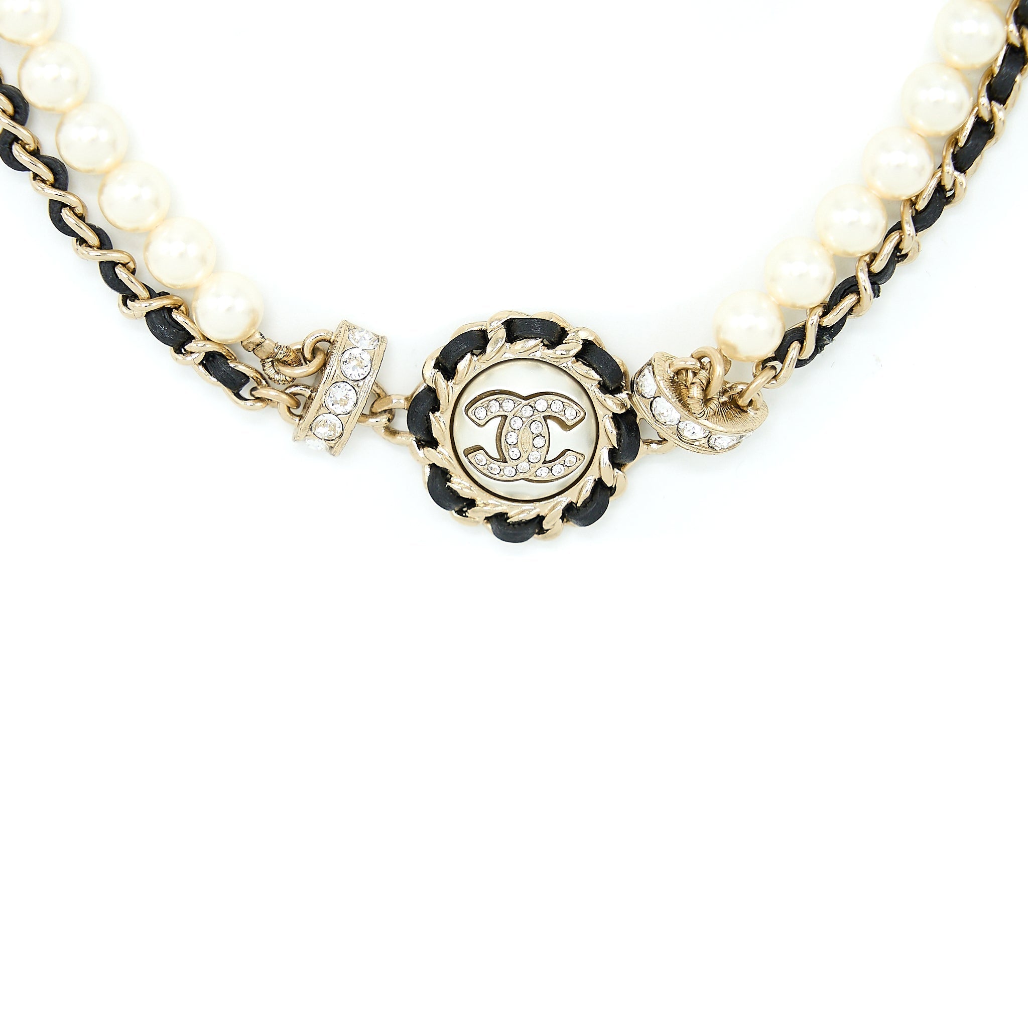 CHANEL CRYSTAL CC LOGO LEATHER CHAIN/ PEARL CHOCKER LIGHT GOLD TONE