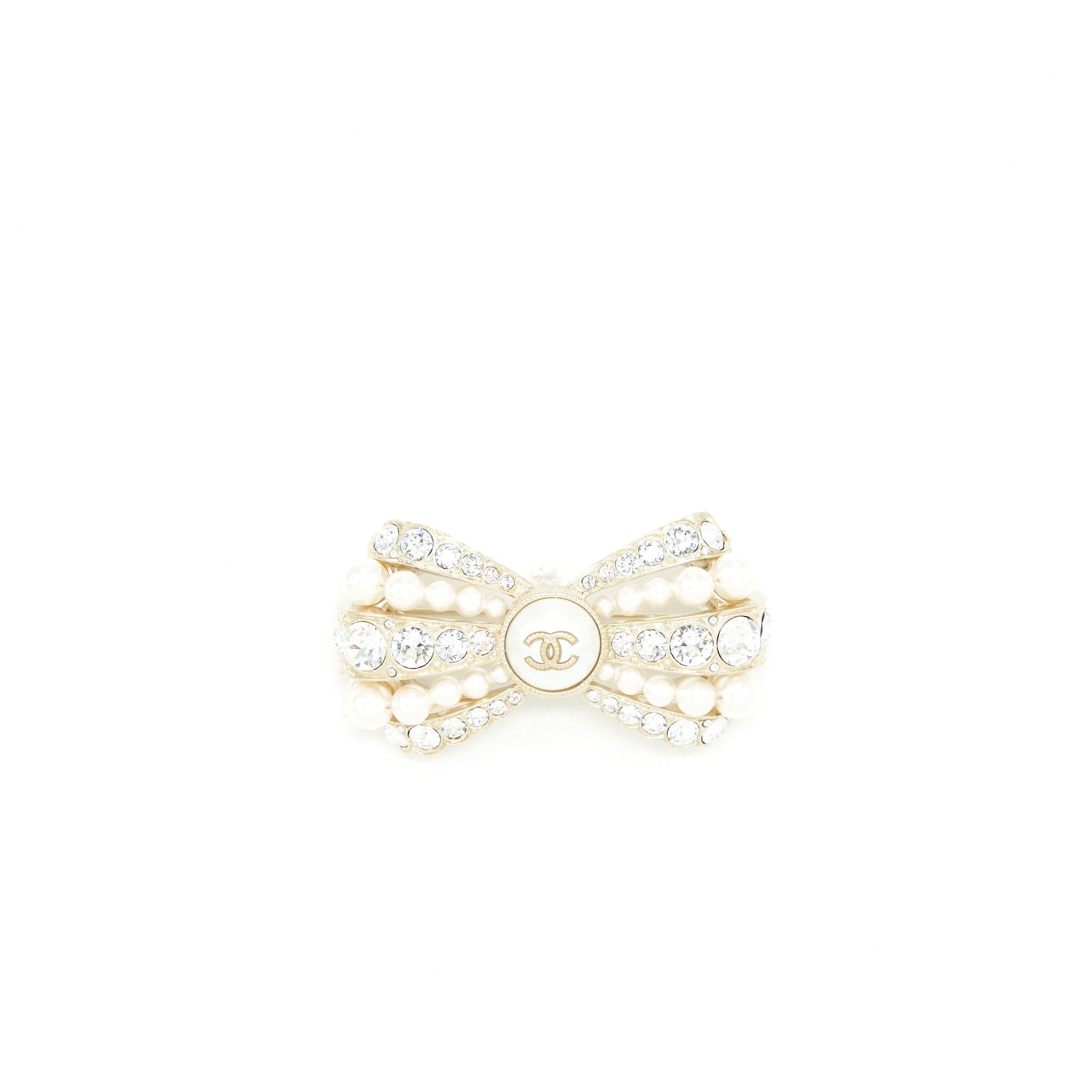 CHANEL BOW BROOCH WITH PEARLS AND CRYSTALS LGHW