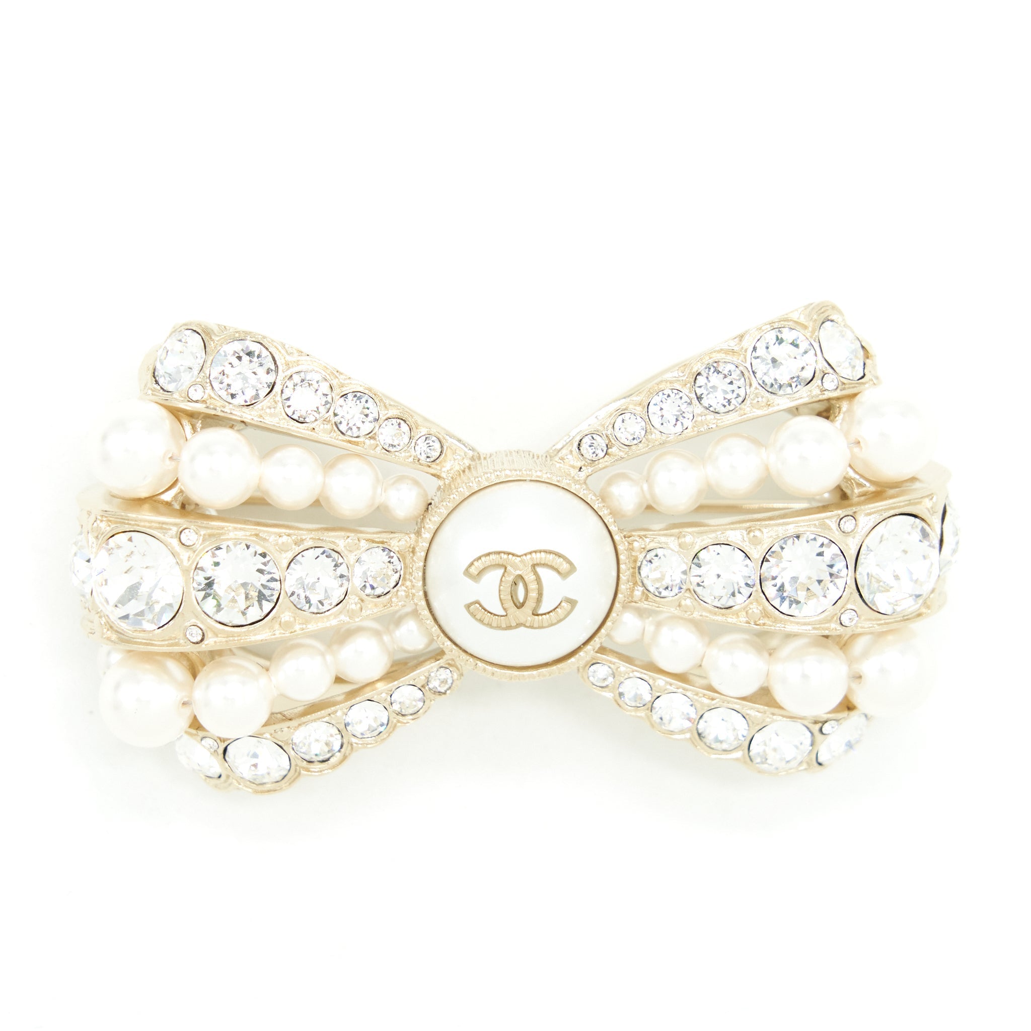 CHANEL BOW BROOCH WITH PEARLS AND CRYSTALS LGHW