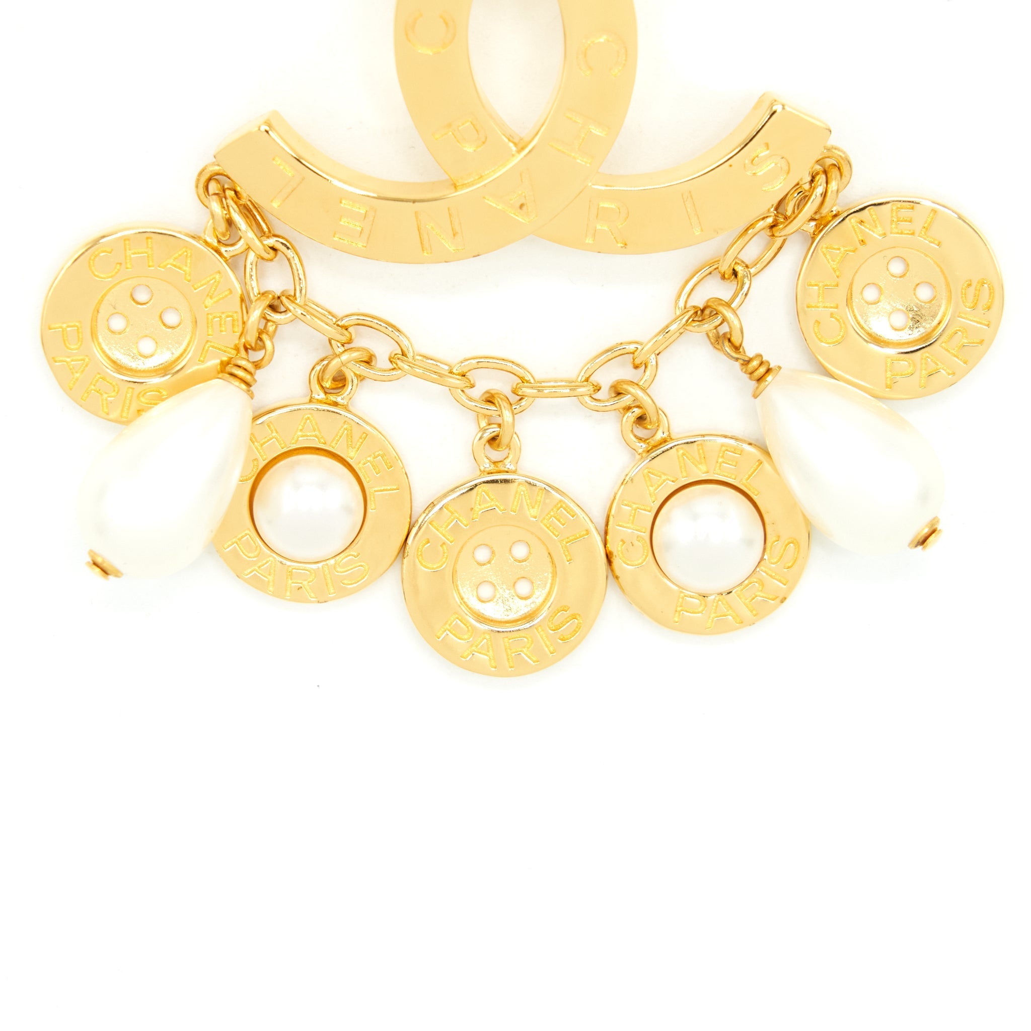 CHANEL 20A SEASONAL CC LOGO PEARLS AND BUTTON BROOCH GOLD