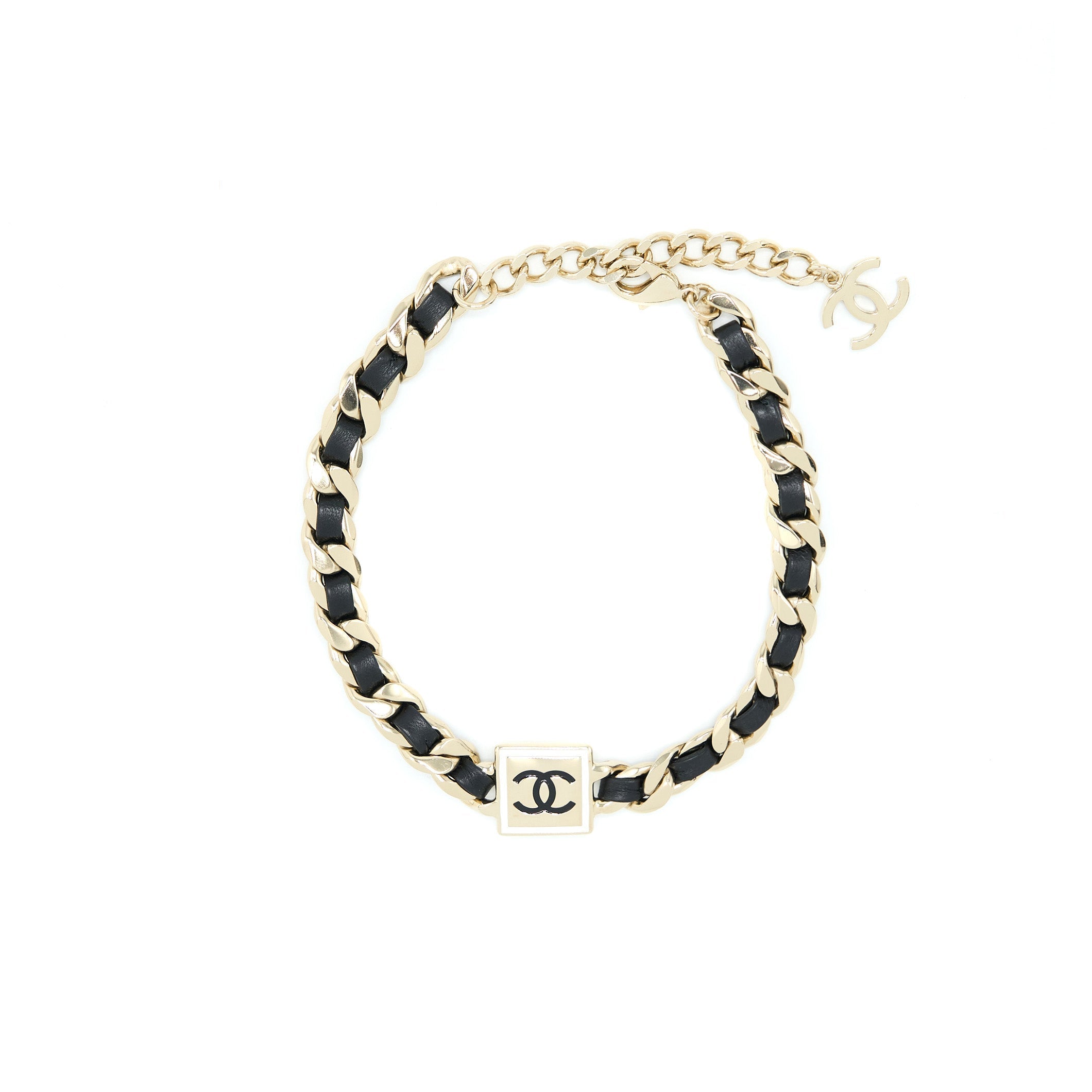 CHANEL CC LOGO CHAIN/LEATHER CHOKER LIGHT GOLD TONE/ ENAMEL