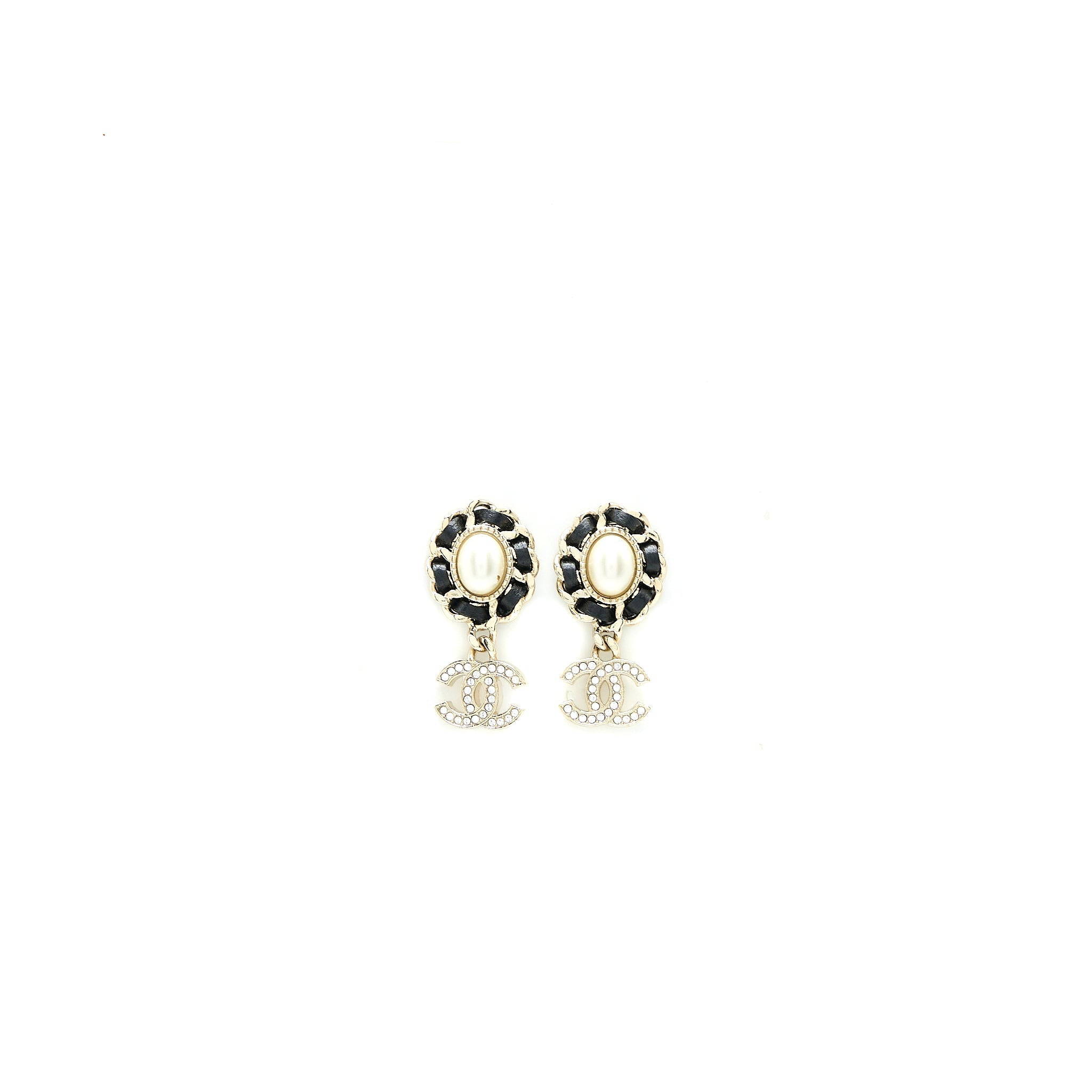 CHANEL CRYSTAL CC LOGO DROP EARRINGS LEATHER PEARL LIGHT GOLD TONE
