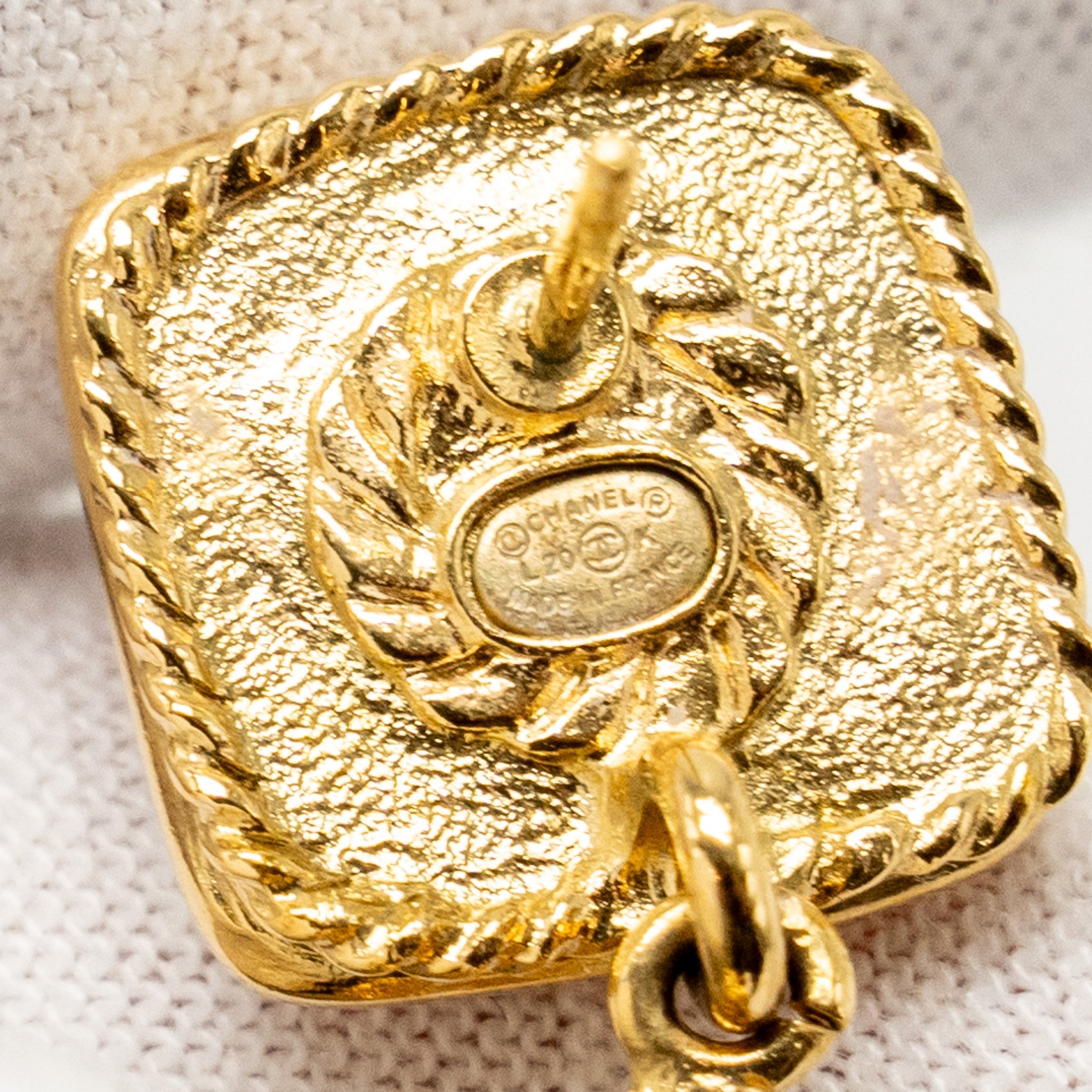 CHANEL CC LOGO SQUARE WITH PEARL DROP EARRINGS PEACH GOLD TONE