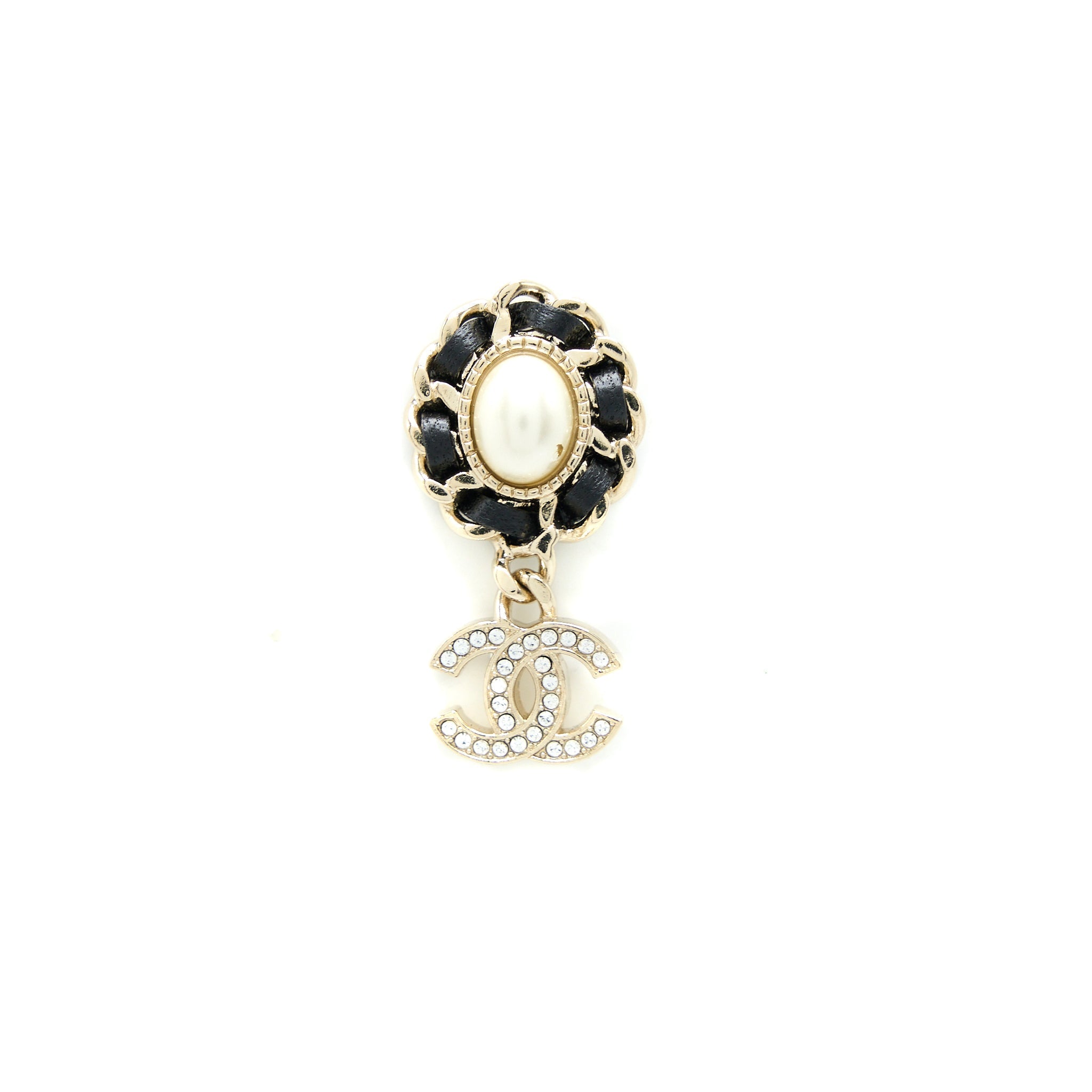 CHANEL CRYSTAL CC LOGO DROP EARRINGS LEATHER PEARL LIGHT GOLD TONE