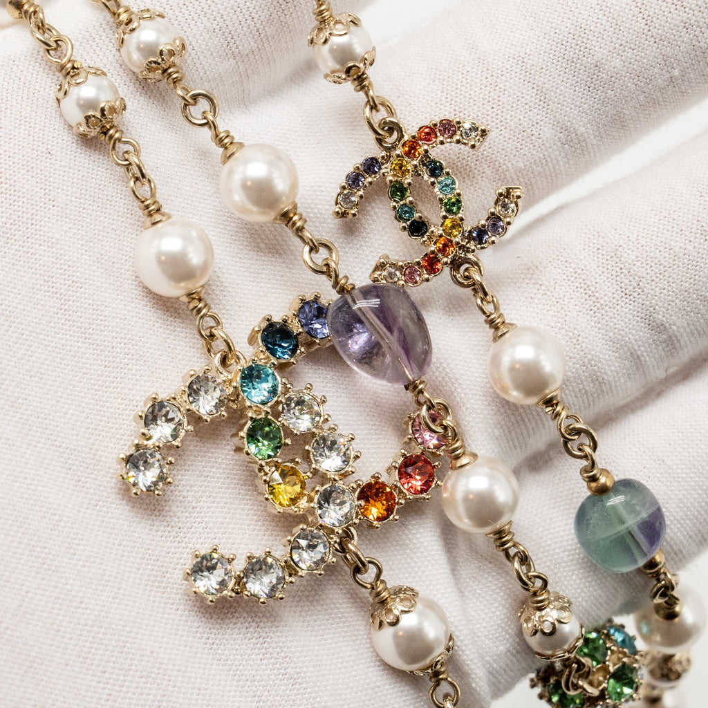 CHANEL CC LOGO DOUBLE CHAIN LONG NECKLACE PEARL/CRYSTAL MULTICOLOUR
