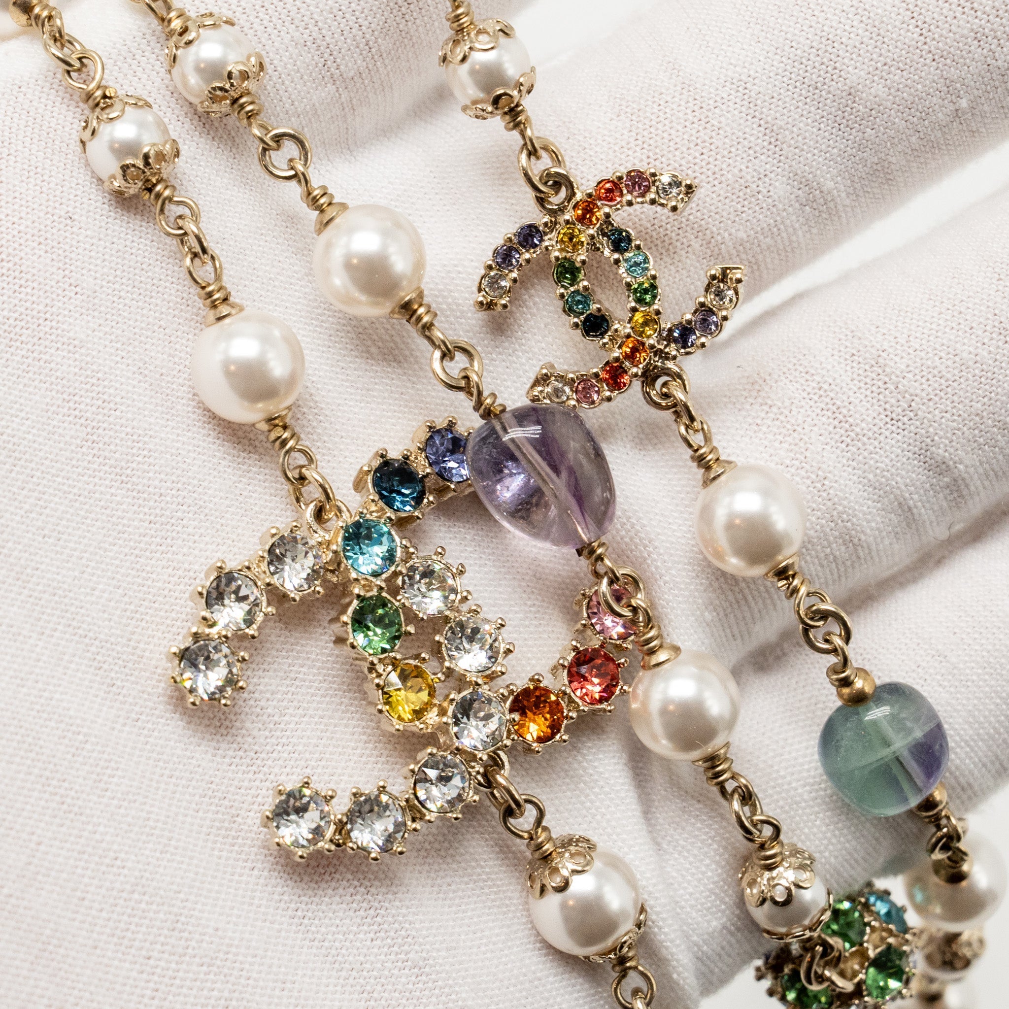 CHANEL CC LOGO DOUBLE CHAIN LONG NECKLACE PEARL/CRYSTAL MULTICOLOUR
