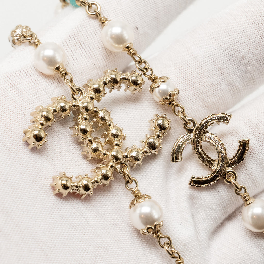 CHANEL CC LOGO DOUBLE CHAIN LONG NECKLACE PEARL/CRYSTAL MULTICOLOUR
