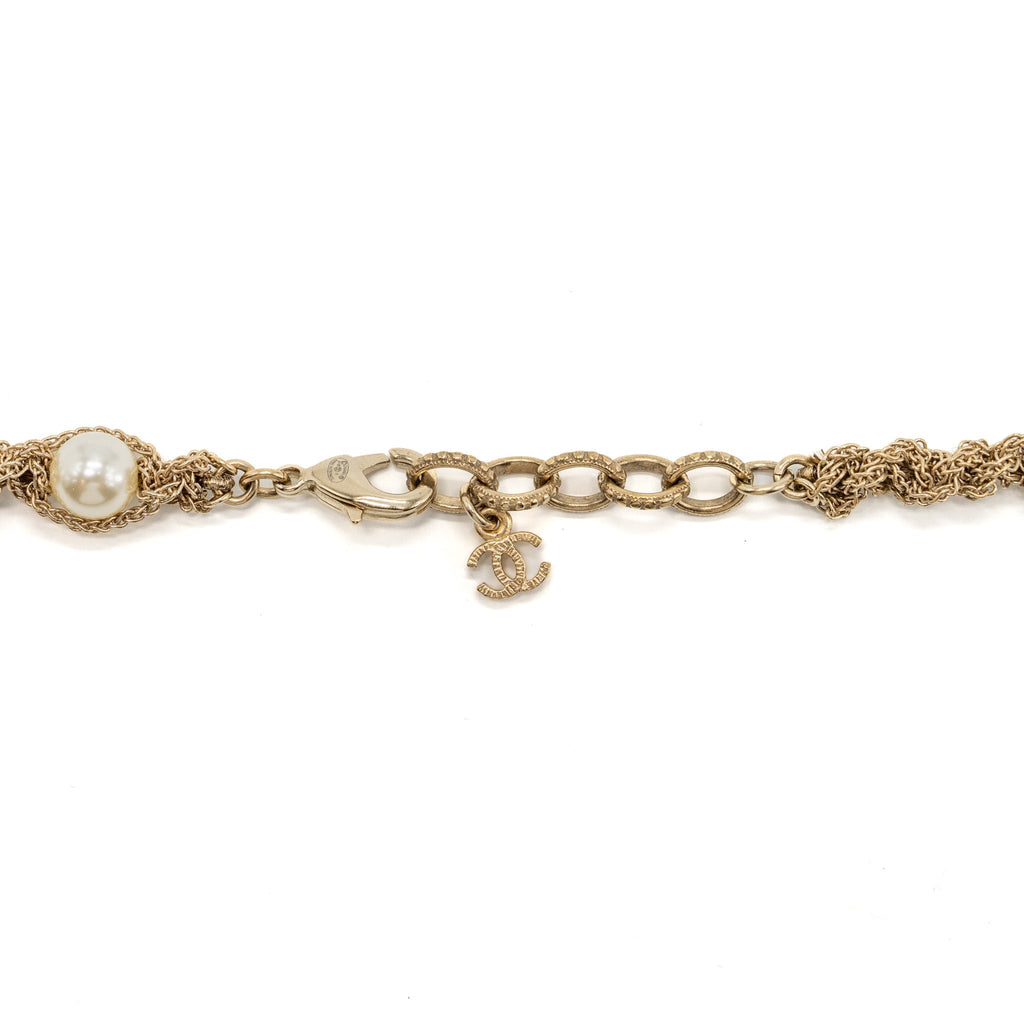 CHANEL LONG NECKLACE PEARL/CC LOGO CRYSTAL GOLD TONE