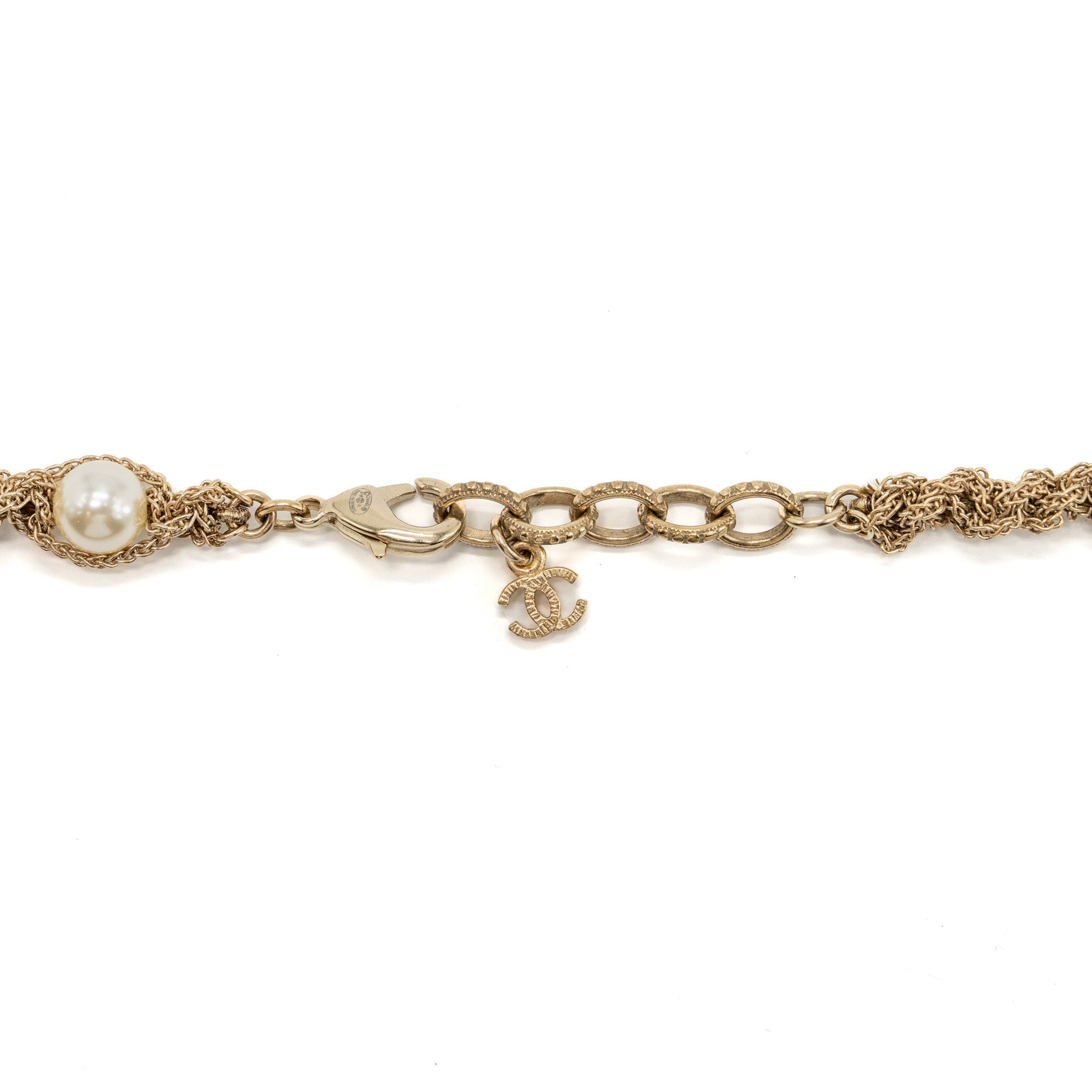 CHANEL LONG NECKLACE PEARL/CC LOGO CRYSTAL GOLD TONE