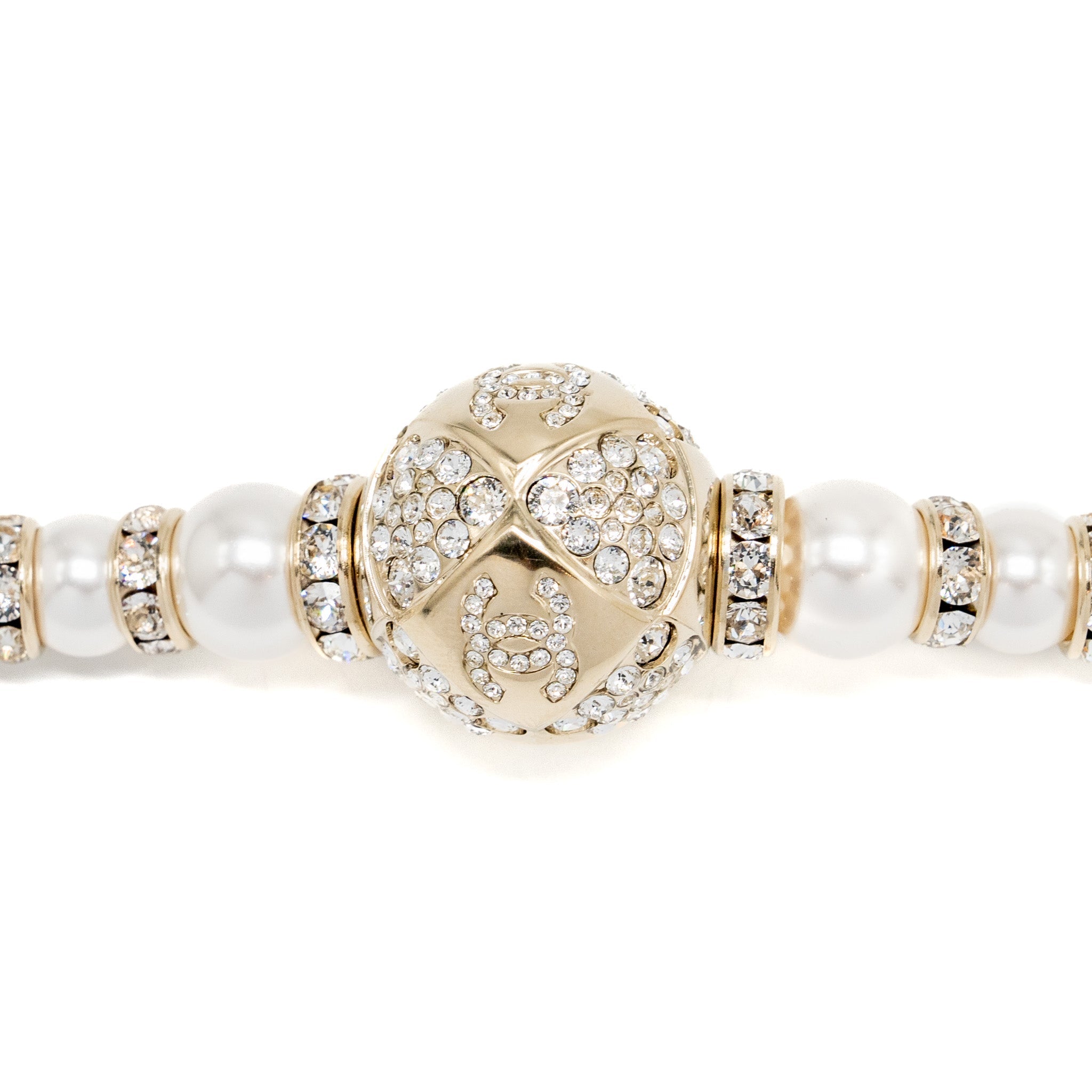 CHANEL CRYSTAL & PEARL CC LOGO BRACELET LIGHT GOLD TONE